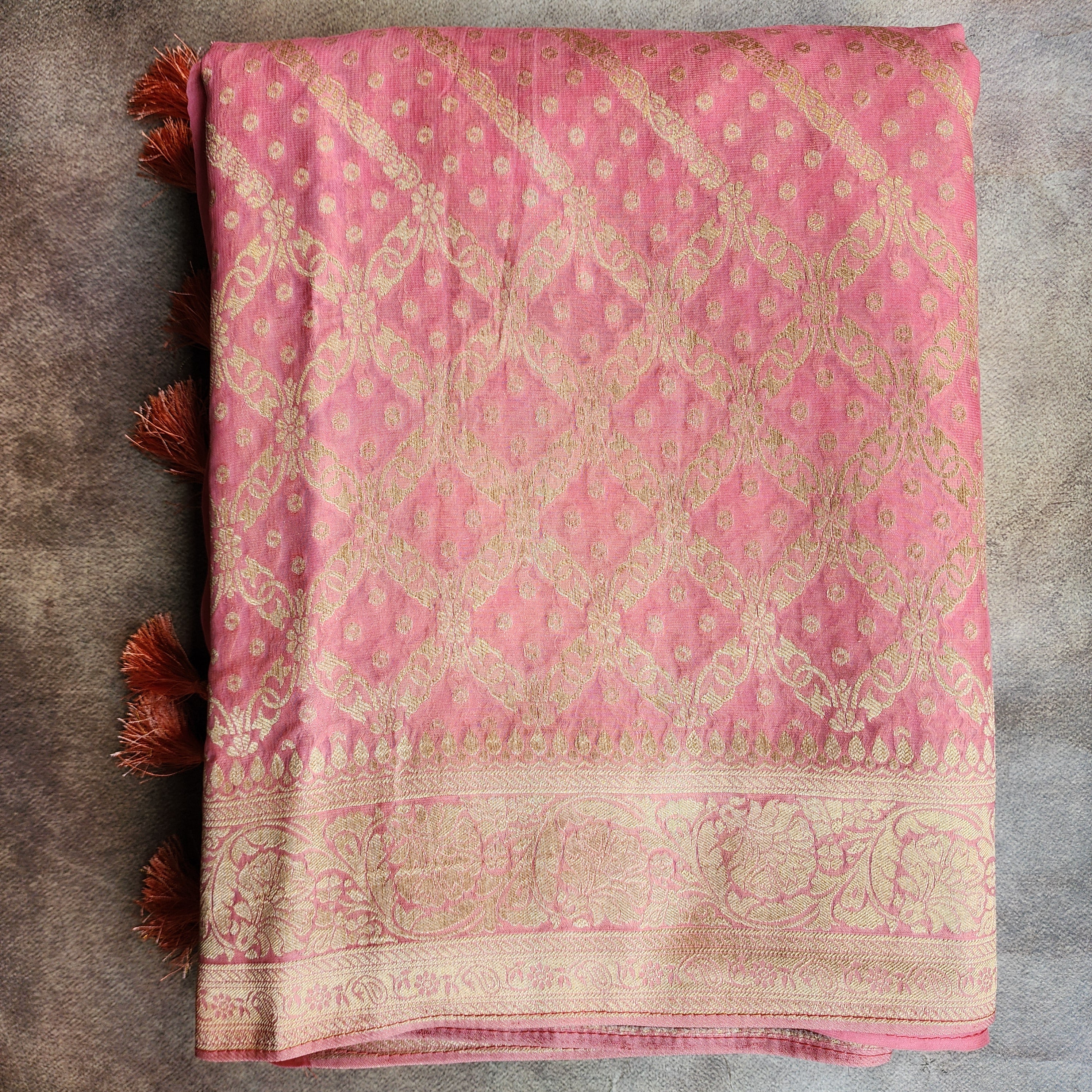 Flamingo Pink Pure Khaddi Georgette Banarasi Saree with Golden Zari
