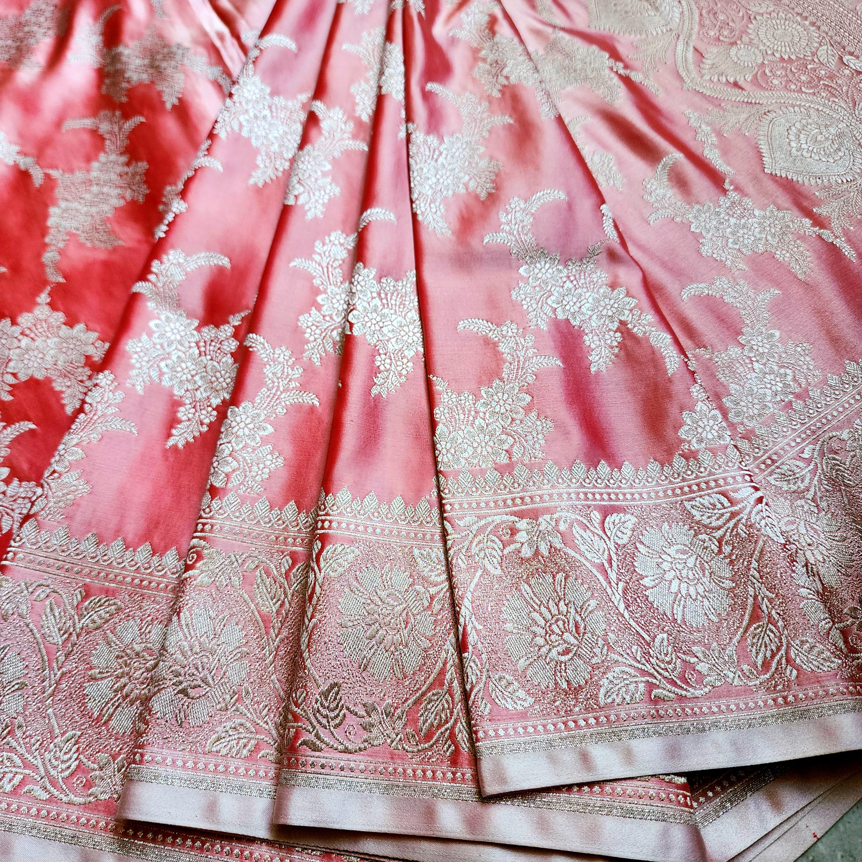 Blush Coral Banarasi Katan Silk Saree with Floral Vine Jaal