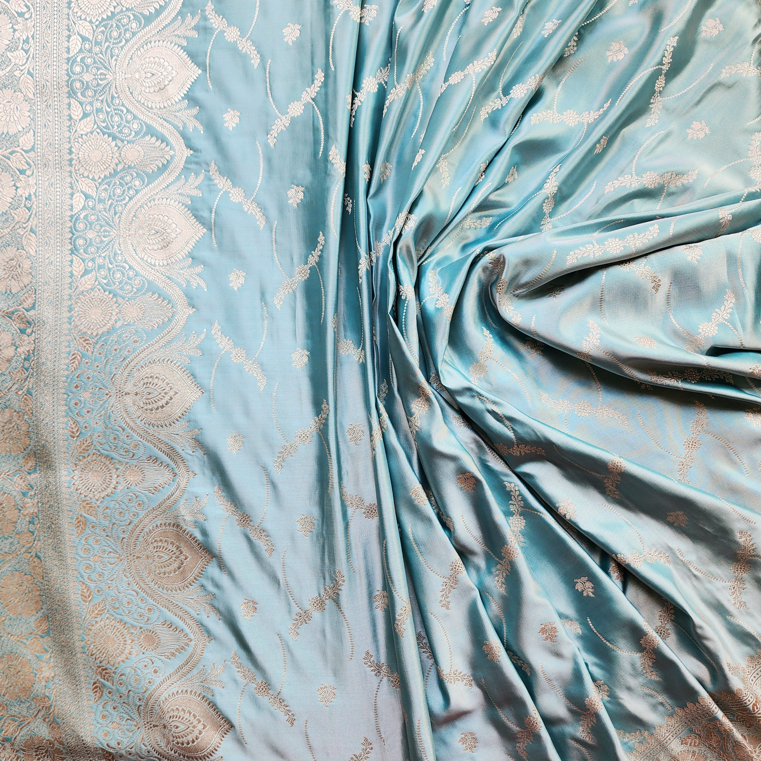 Pastel Sky Blue Banarasi Katan Silk Saree with Light Gold Zari weaving