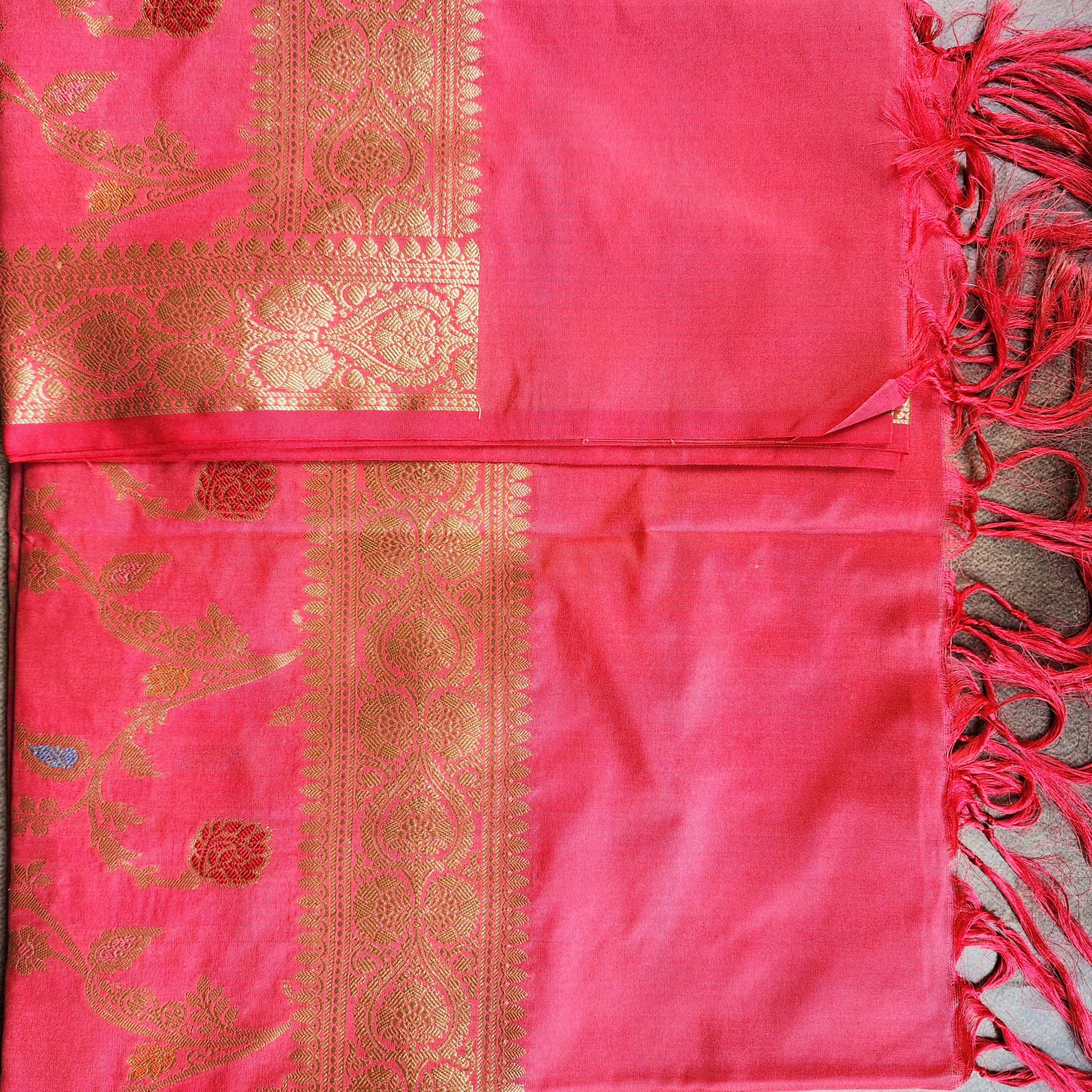 Rani Pink Banarasi Silk Dupatta with Gold Zari Border & Multicolor Meenakari Work