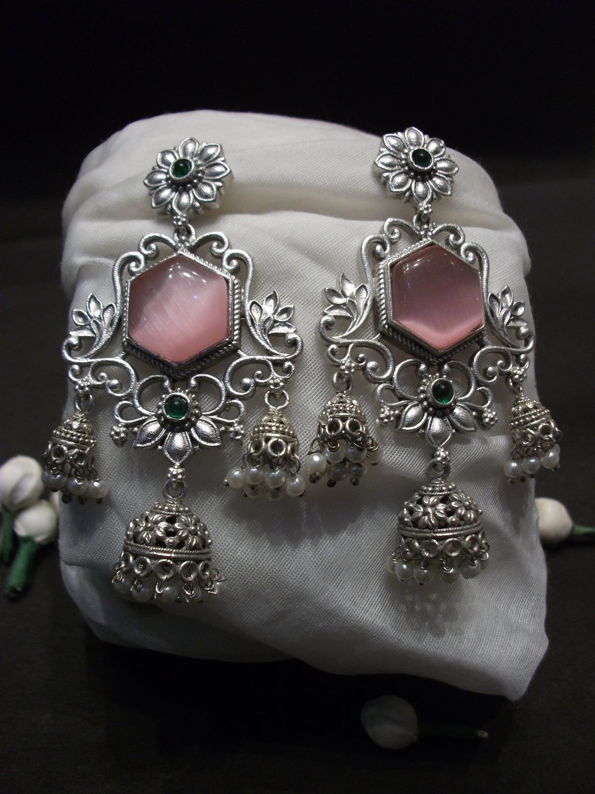 Antique Silver Pink Floral Filigree Jhumki Earrings