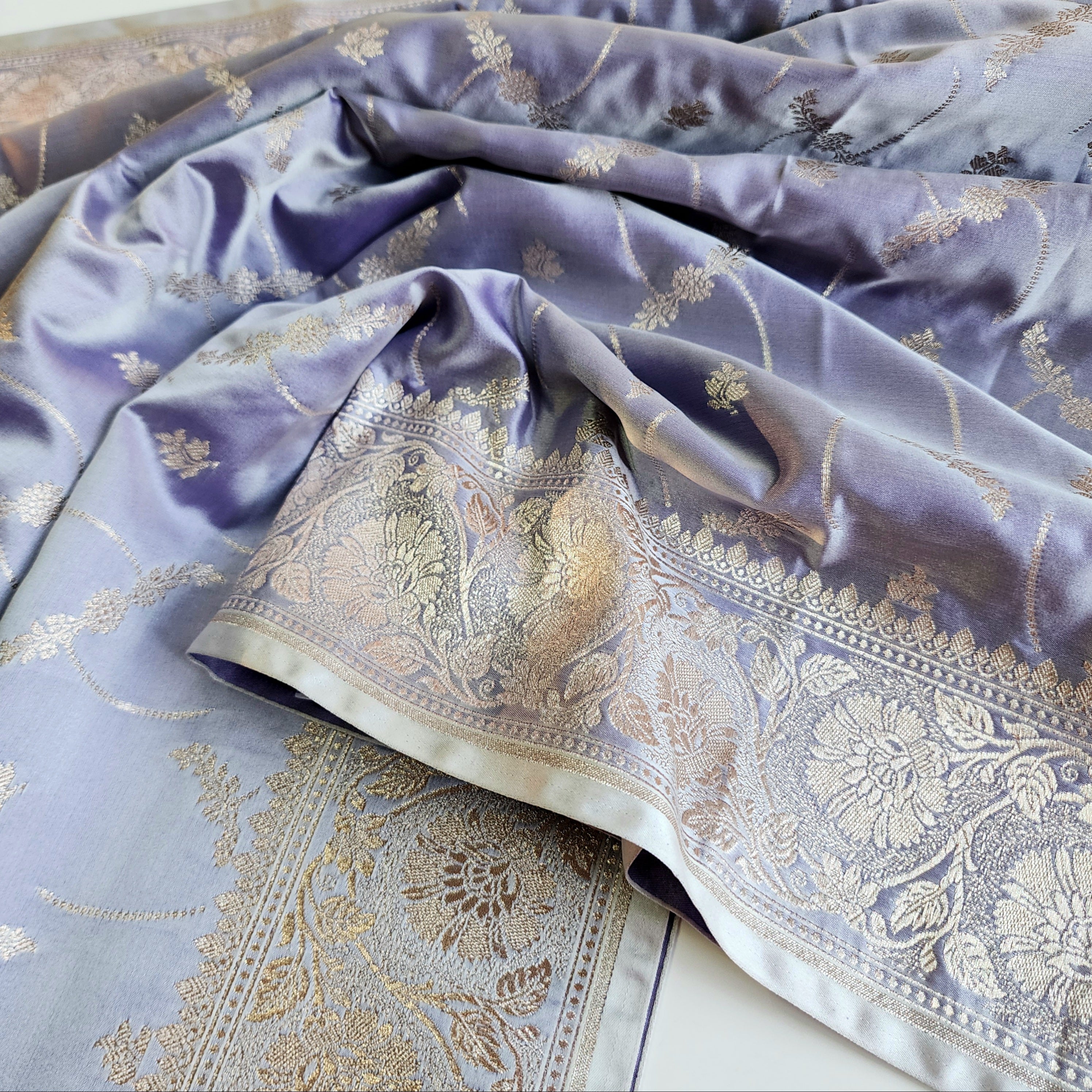 Pastel Lilac Banarasi Katan Silk Saree with Light Gold Zari weaving