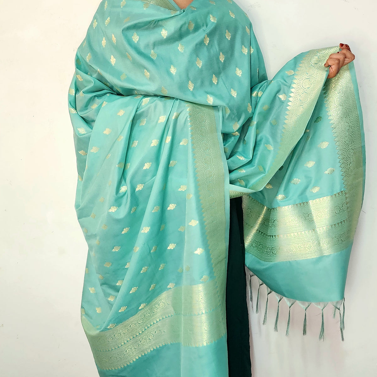Aqua Green Banarasi Tapetta Silk Leaf Weave Dupatta