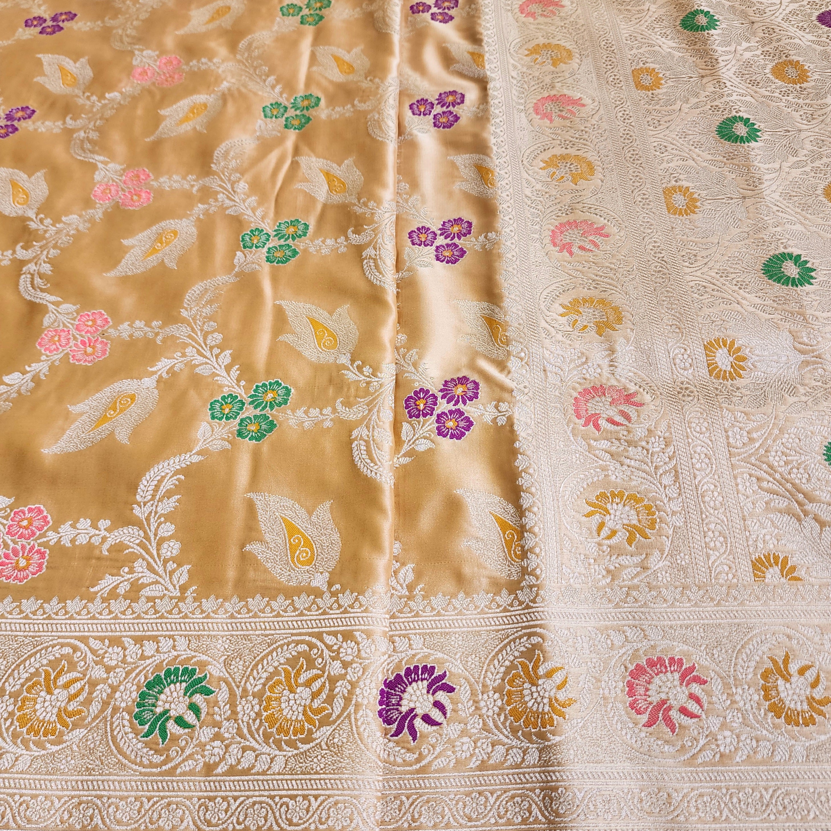 Enriched Dark Orange Banarasi Katan Silk Saree with Multicolor Meenakari Floral Jaal