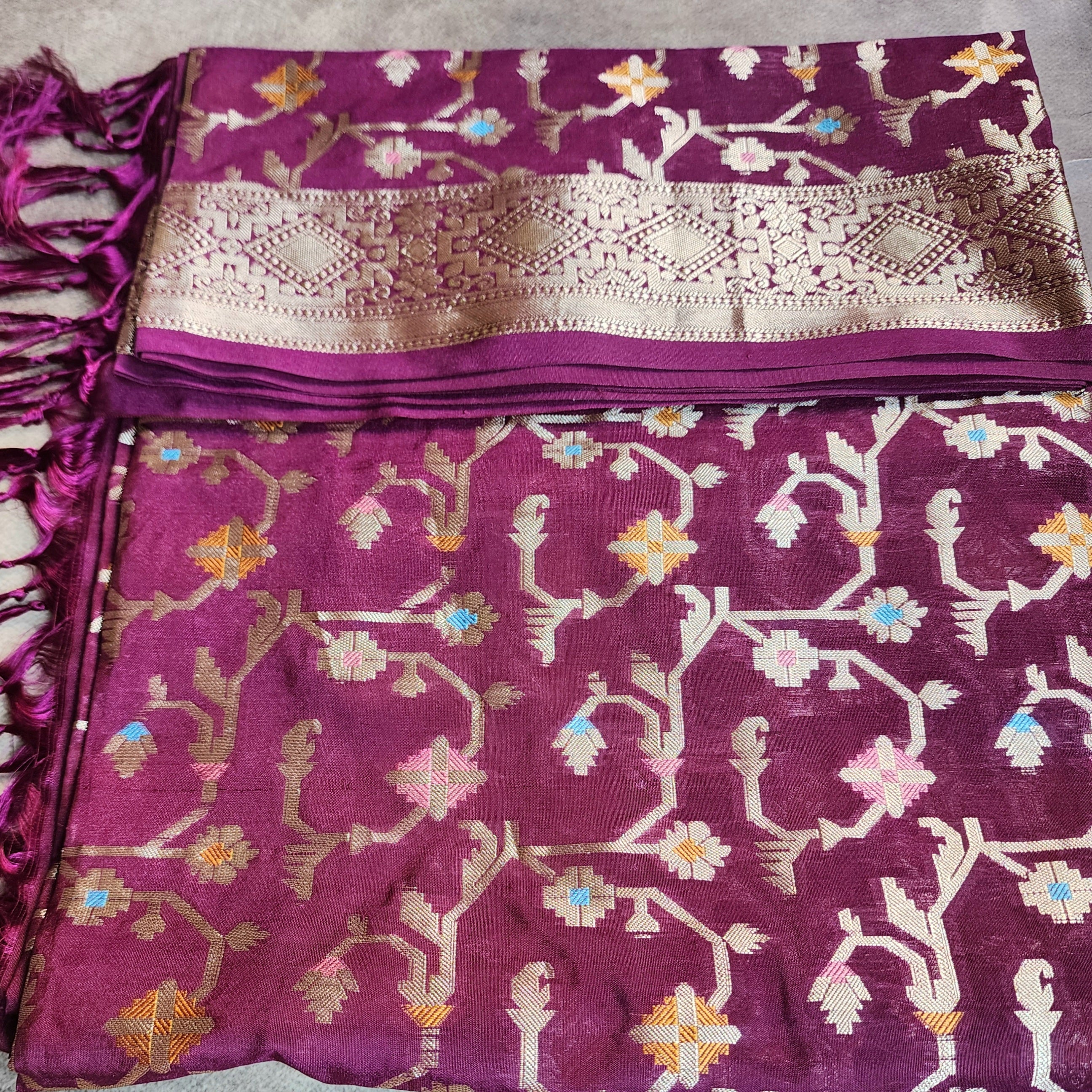 Golden Grid Banarasi Silk Dupatta with Meenakari Work in Deep Purple