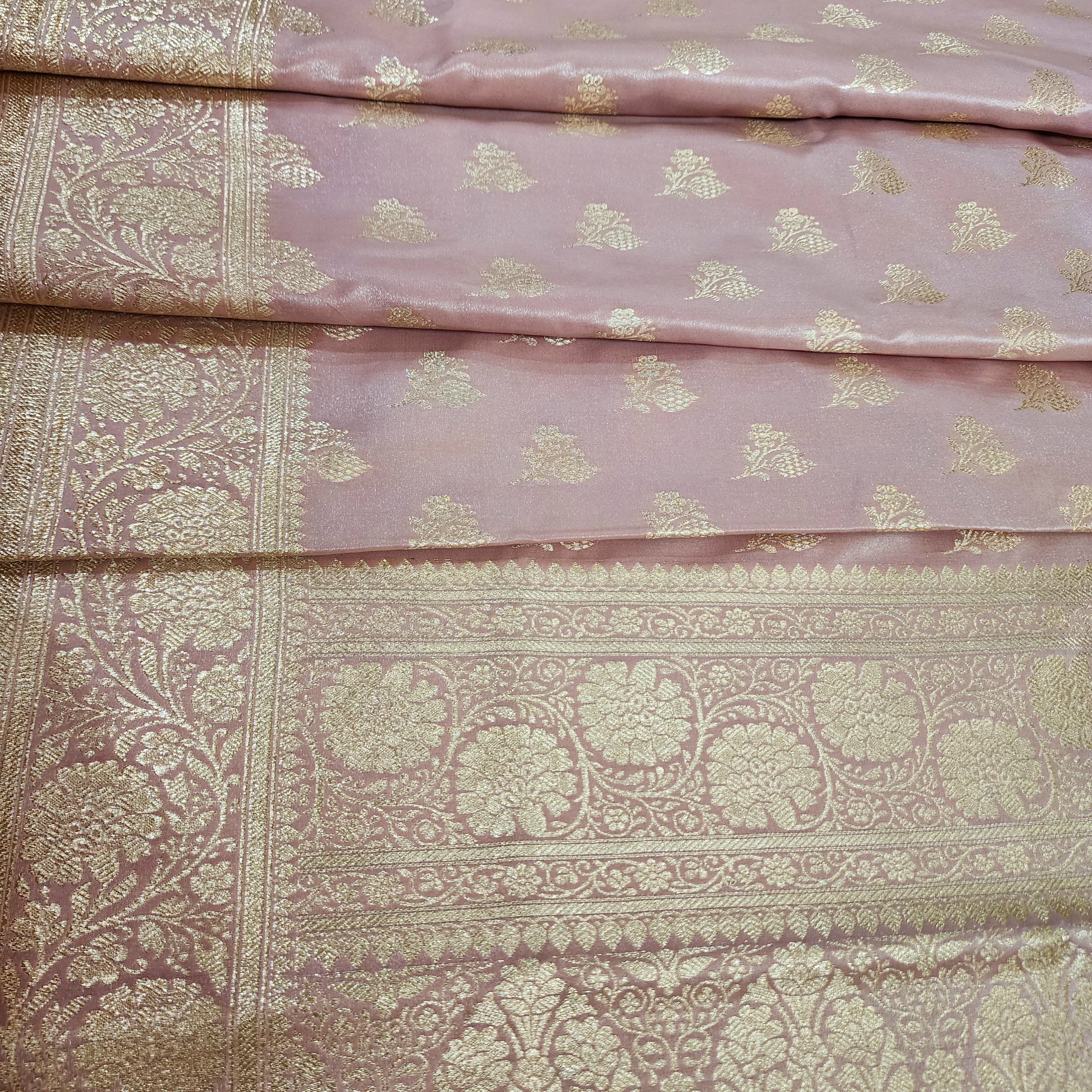 Rich Rose Blush Pink Banarasi Silk Saree with Gold Zari Weaving