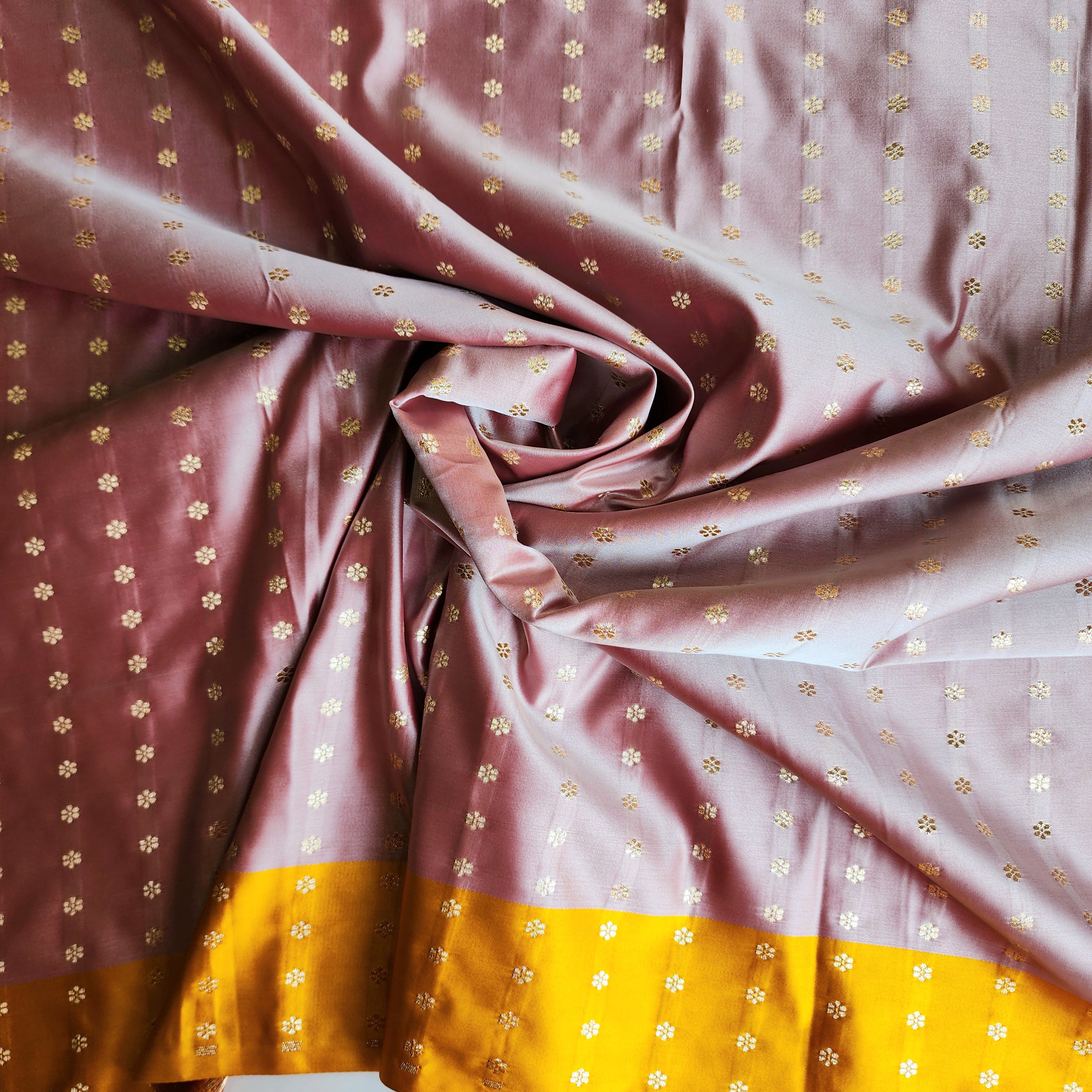 Dusty Rose Katan Silk Saree with Mustard Yellow Gold Zari Border