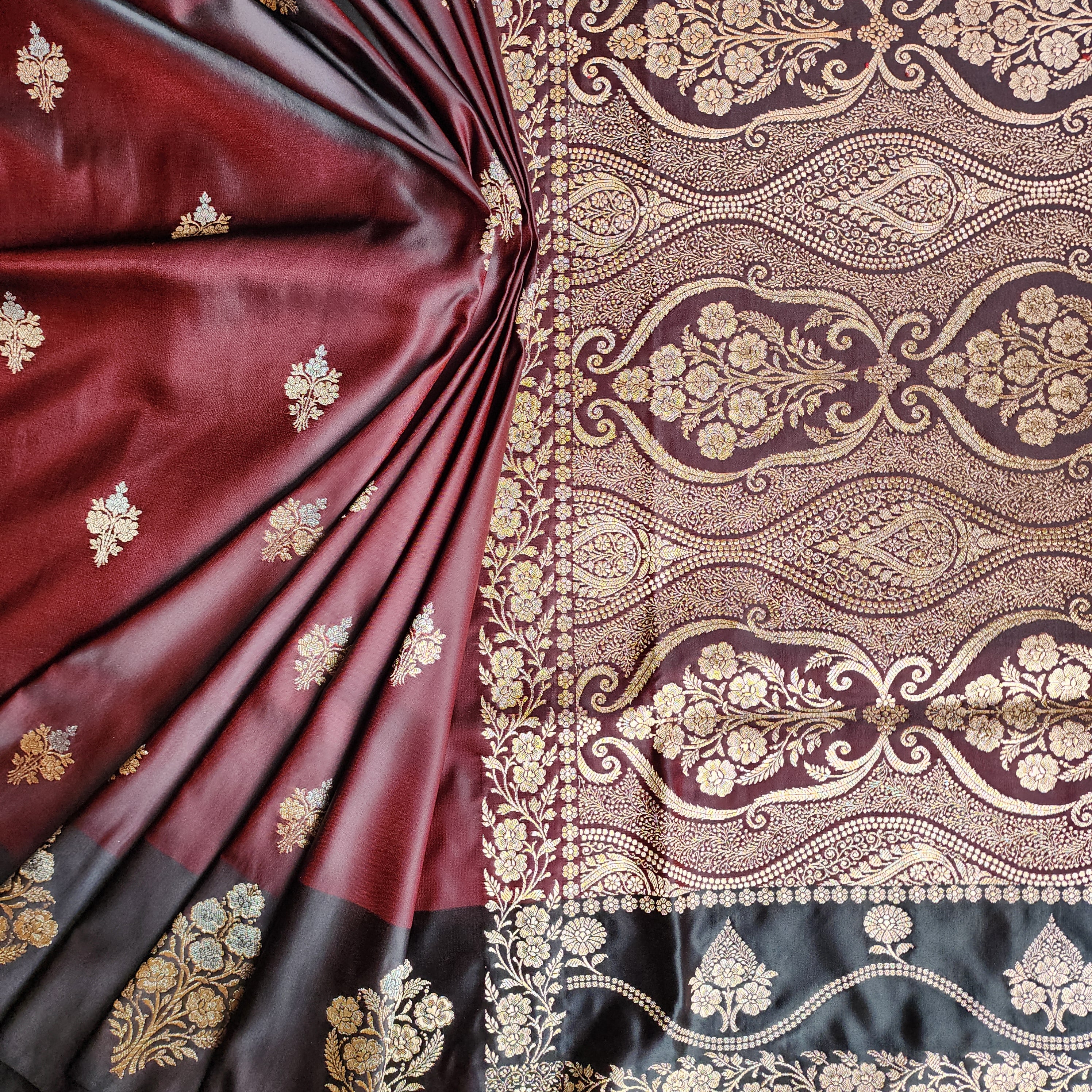 Dual-Tone Maroon Pure Banarasi Katan Silk Saree