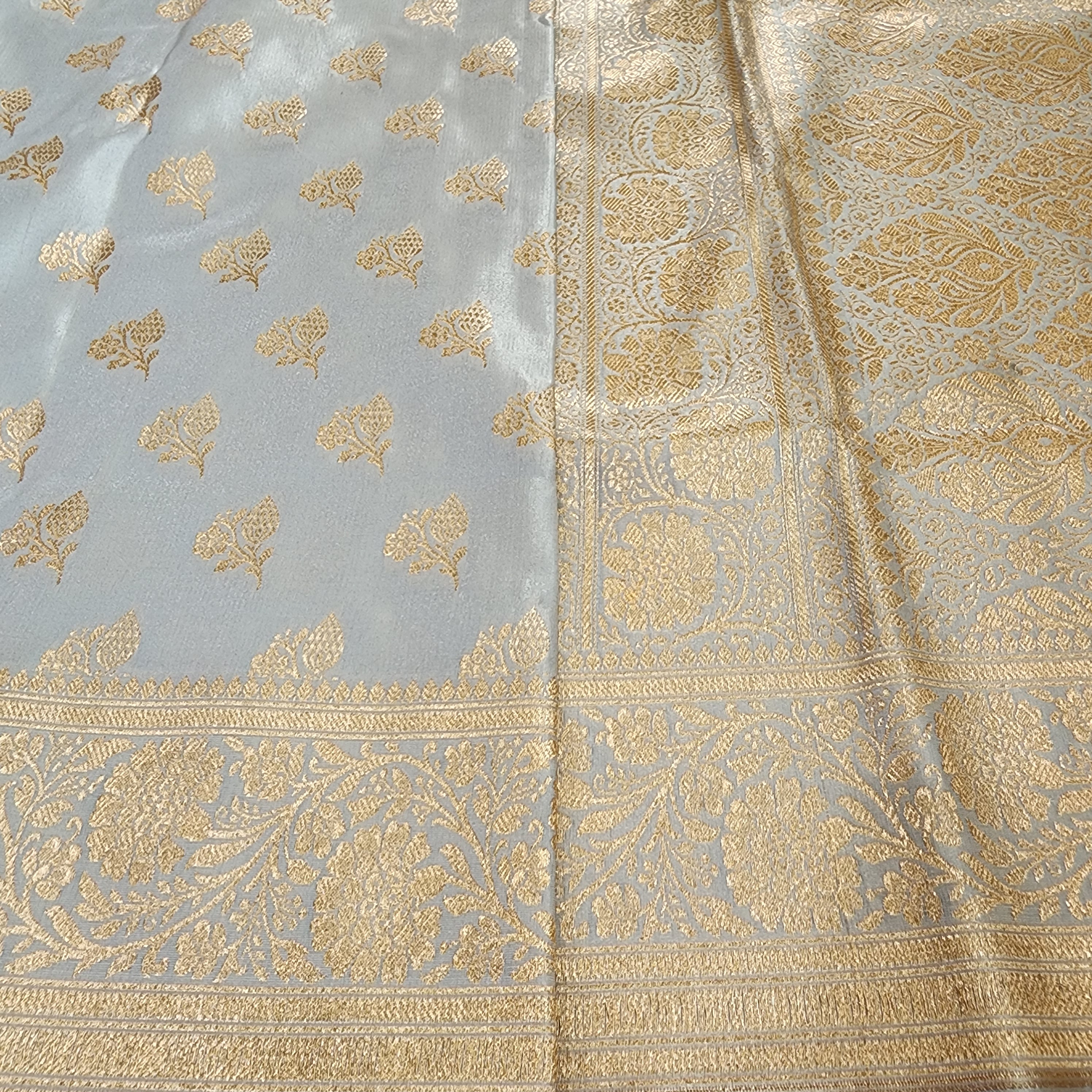 Rich Silver Grey Banarasi Silk Saree with Gold Zari Weaving
