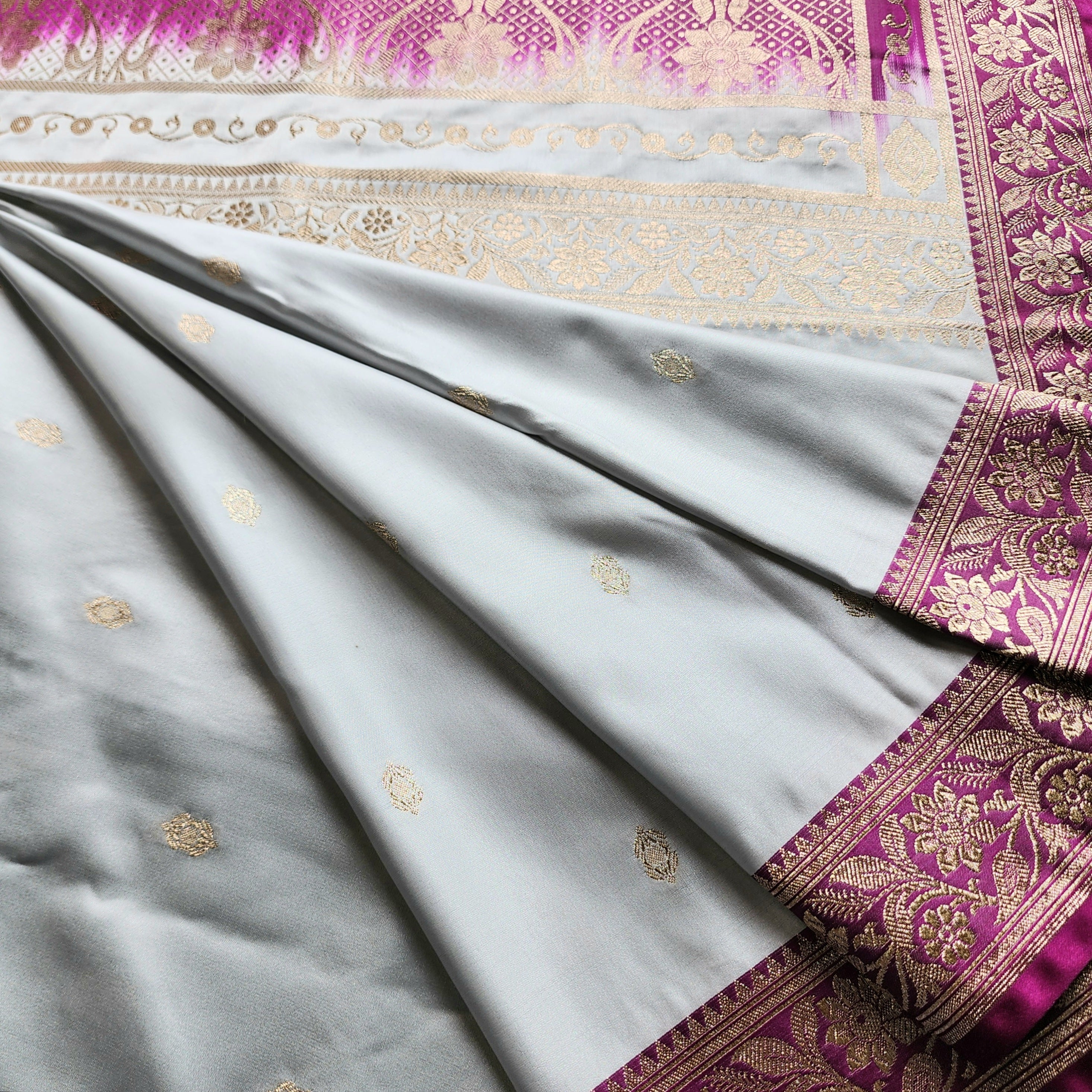Powder Blue Katan Silk Saree with Purple and Gold Zari Border