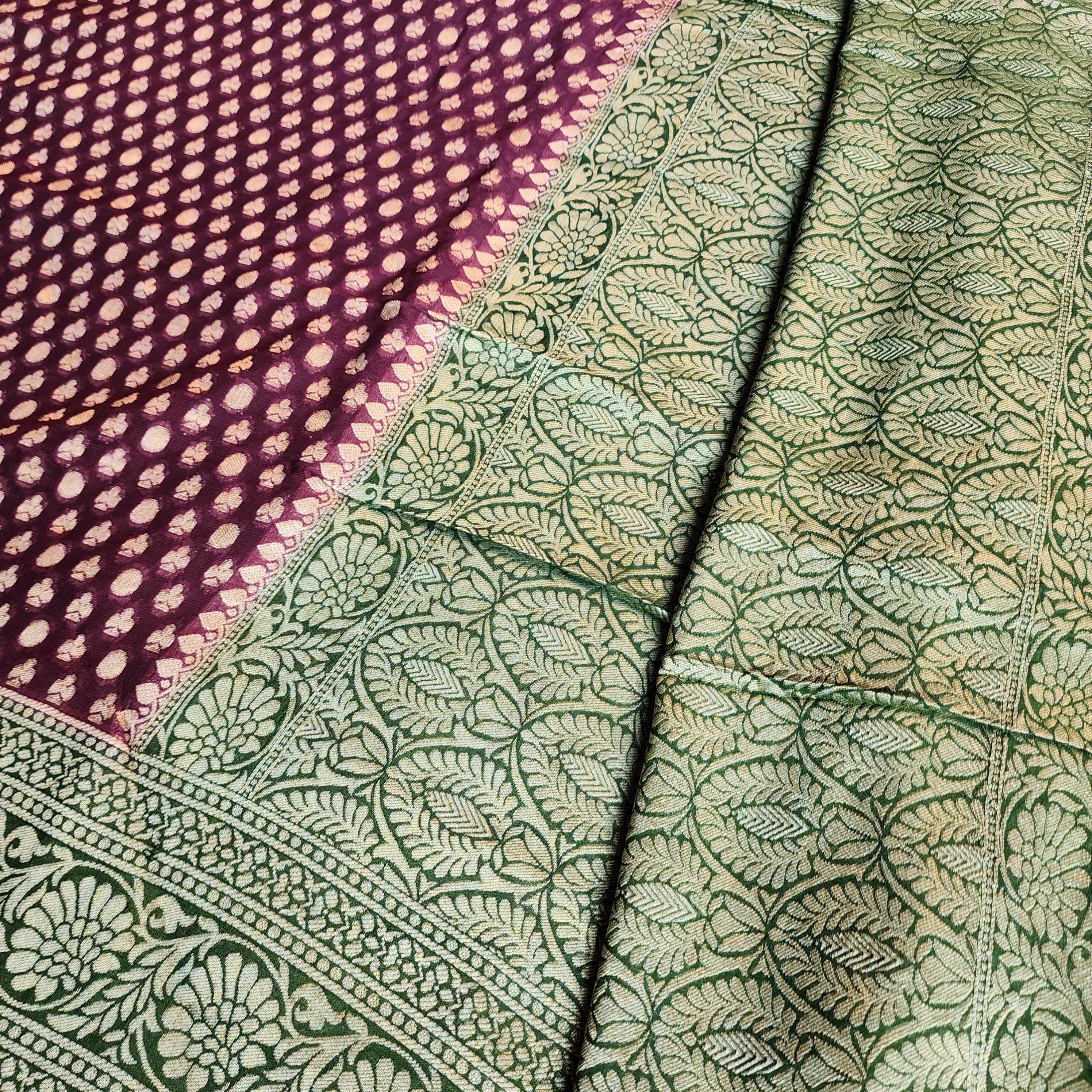 Purple Khaddi Georgette Pure Banarasi Saree with Green Border