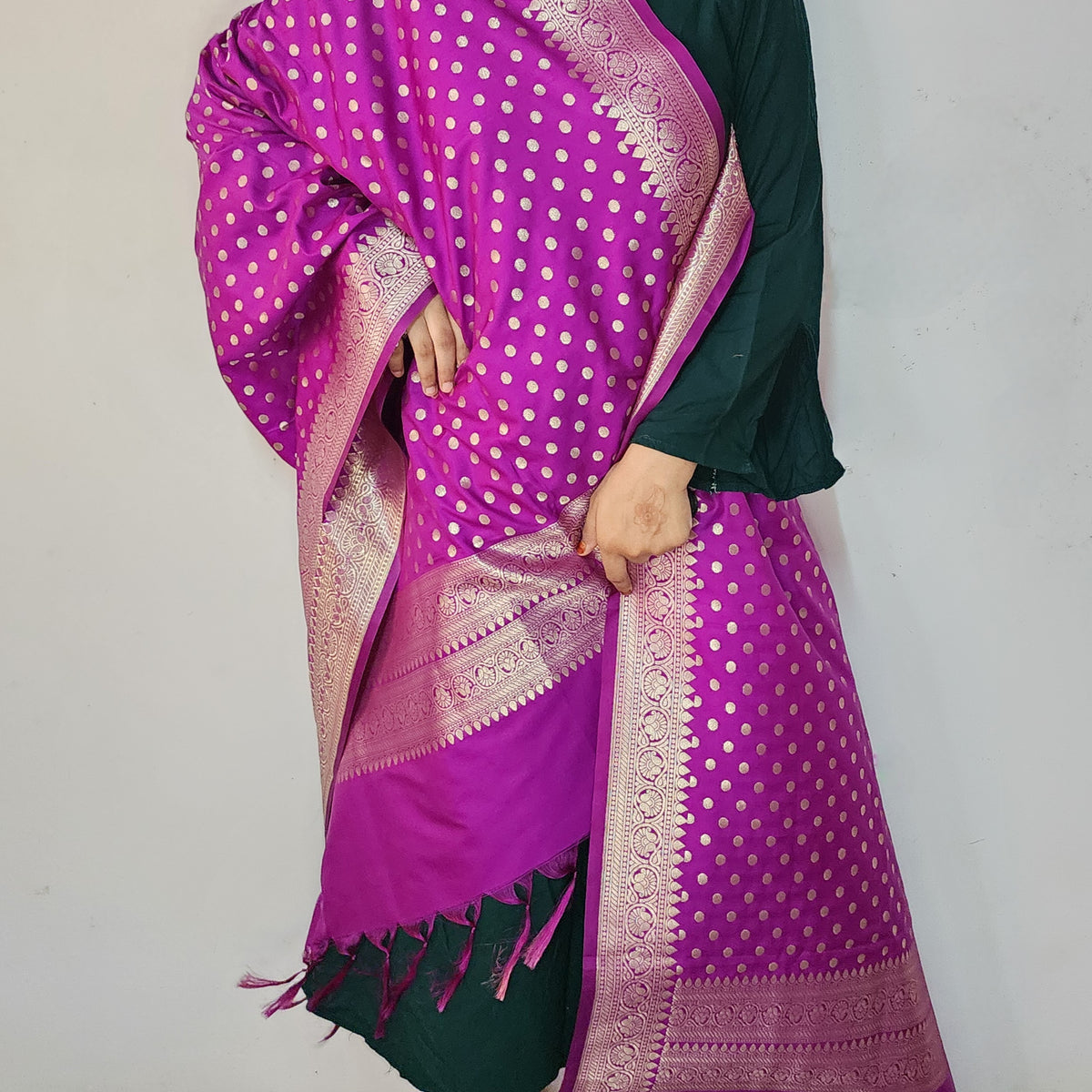 Magenta Purple Banarasi Silk Dupatta with Gold Polka Dot