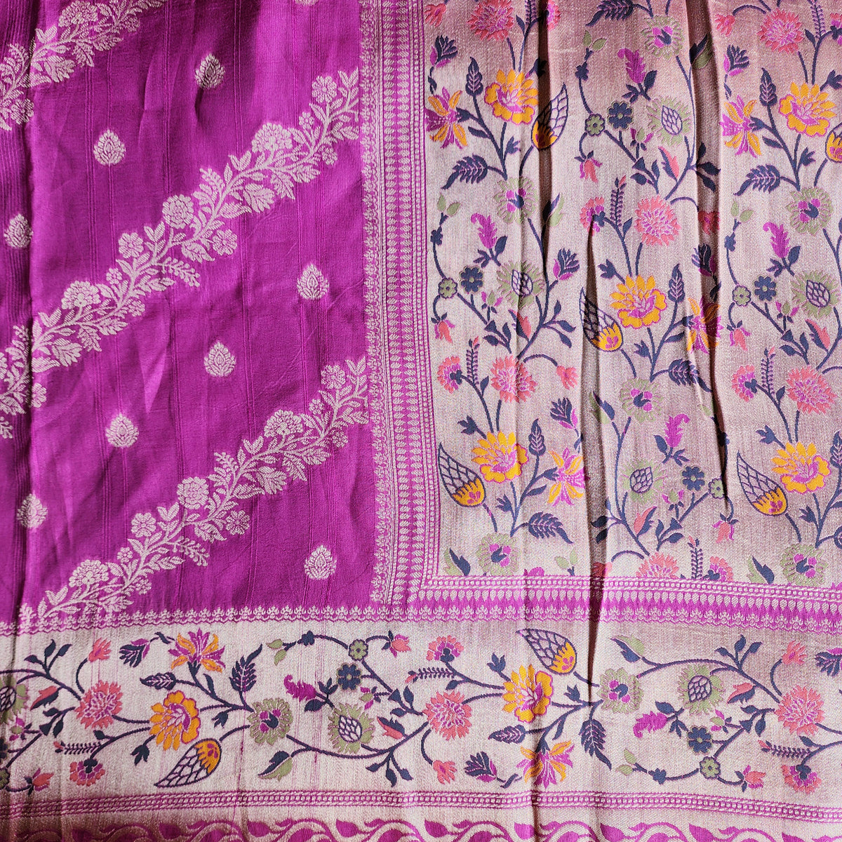 Soft Lavender Orchid Raw Silk Saree with Pastel Floral Weaving and Ivory Border