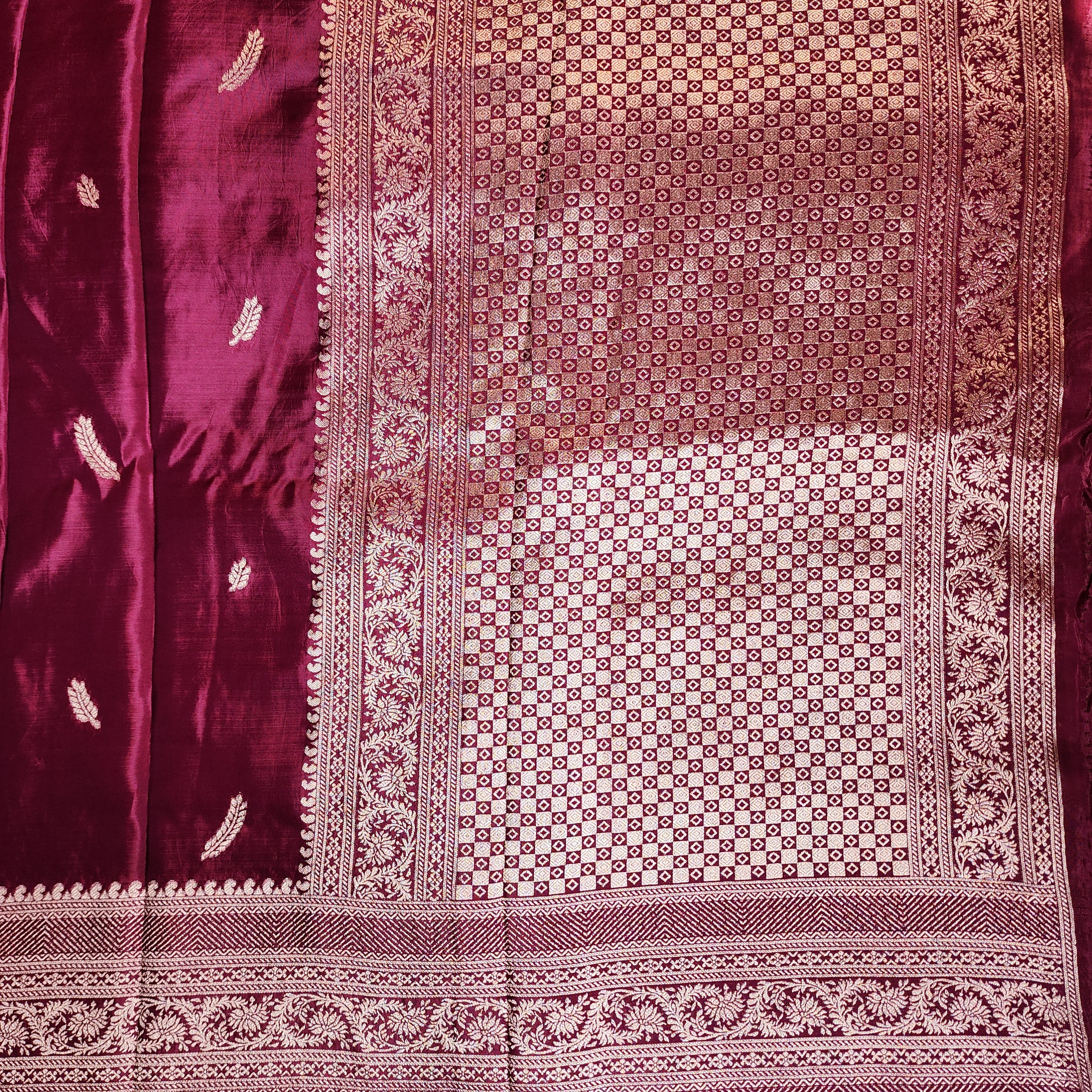 Wine Pure Crepe Silk Saree with Silver Zari Border