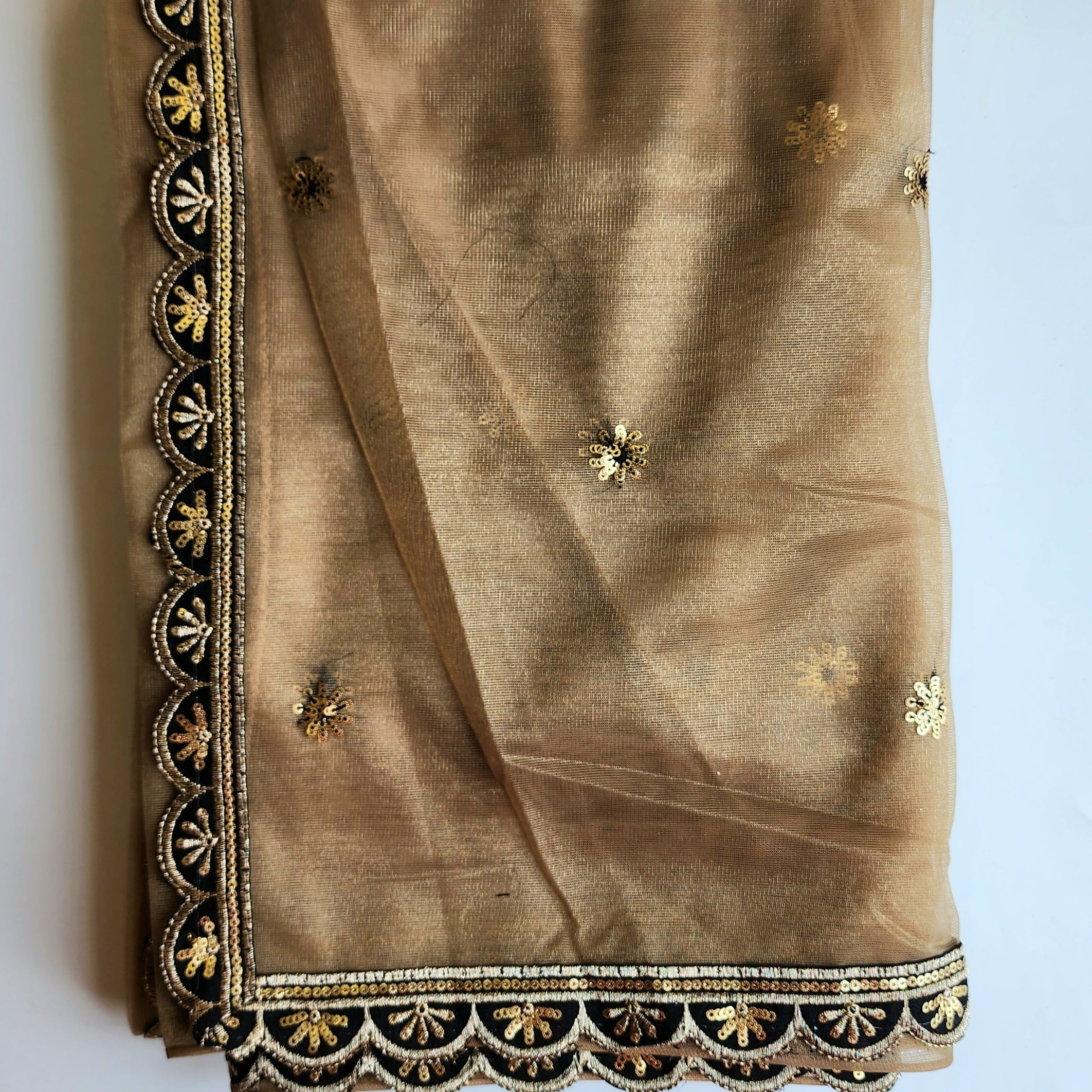 Beige Designer Net Saree with Heavy Embroidery Cut Work Border