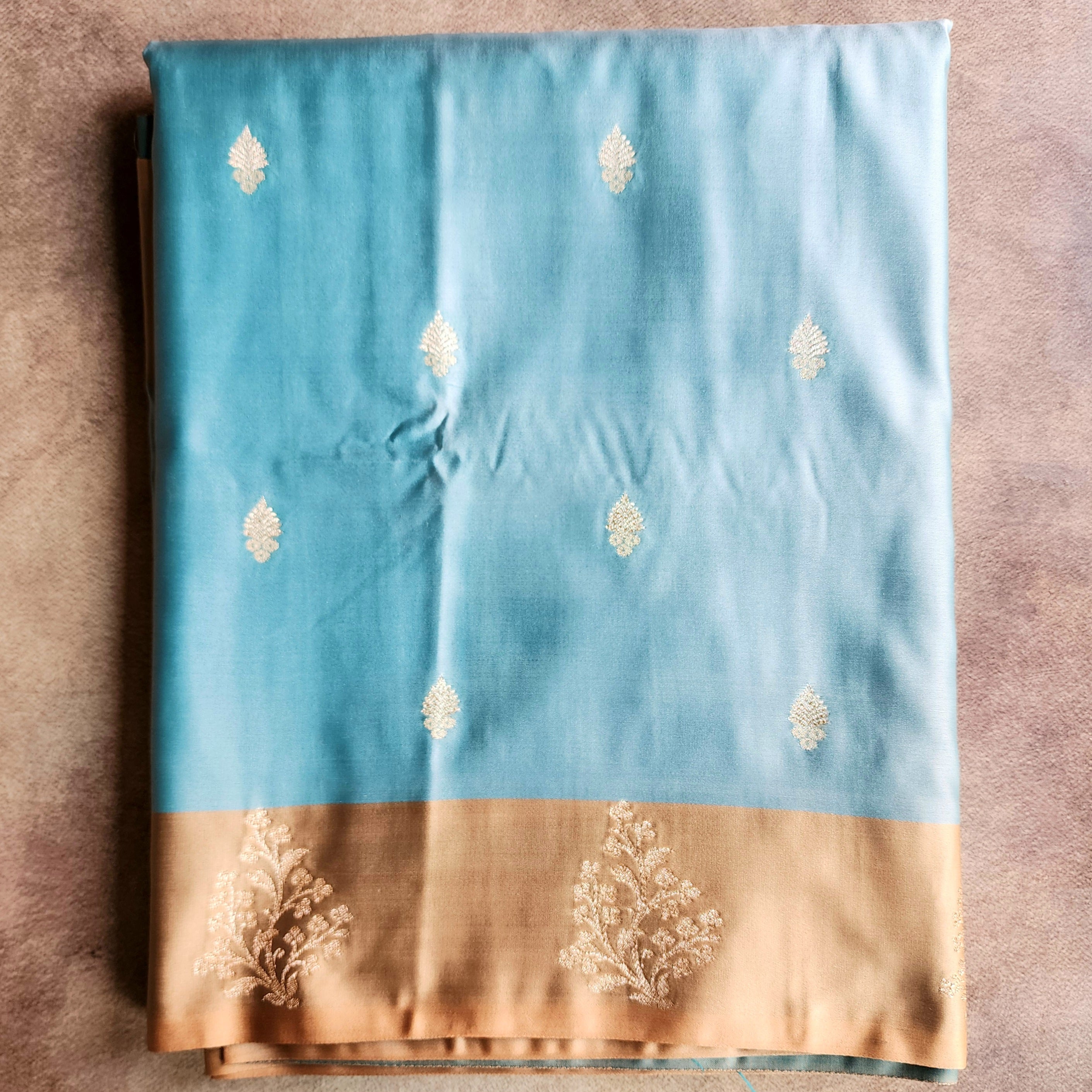 Blue Katan Silk Saree with Beige Gold Zari Border