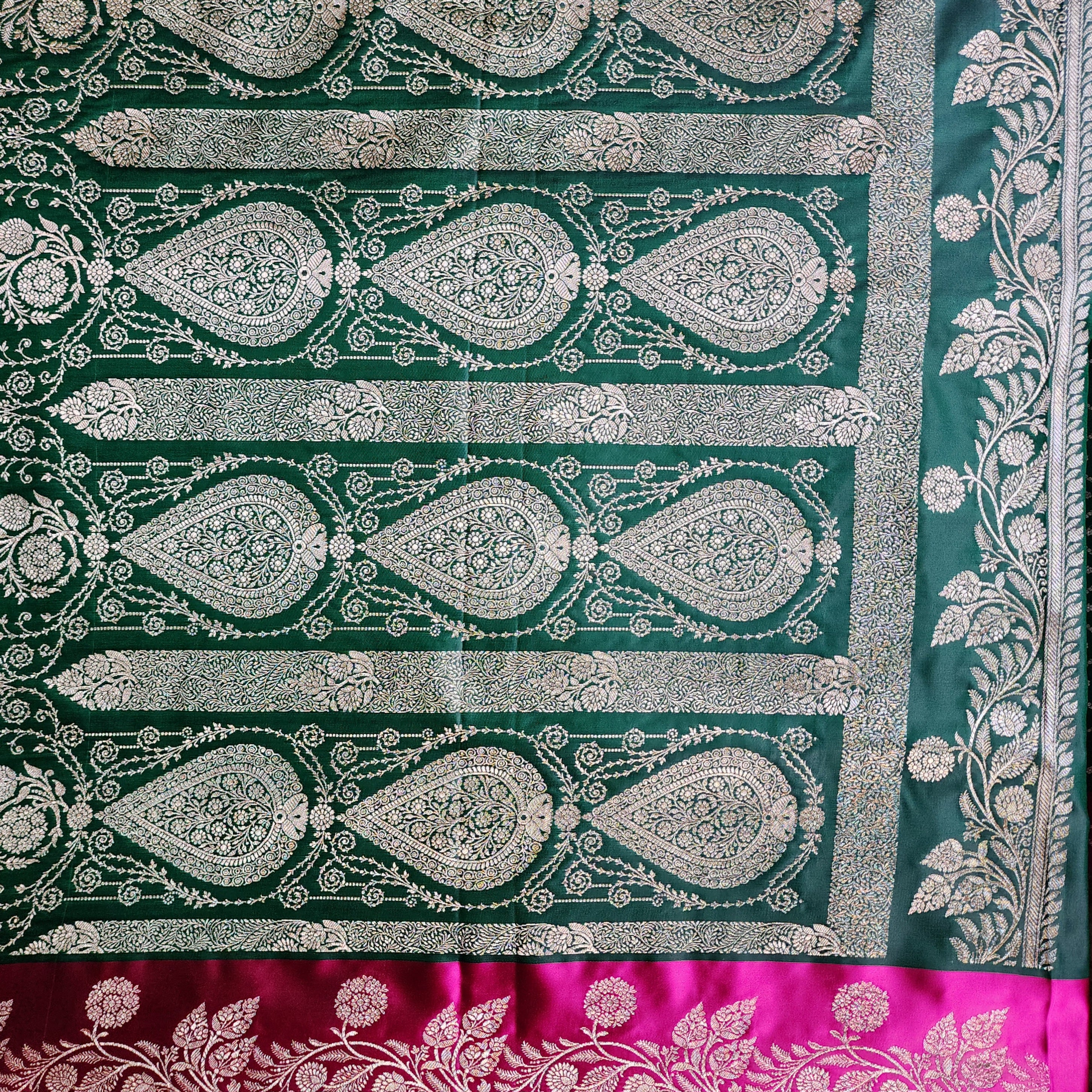 Emerald Green Pure Banarasi Katan Silk Saree with Bright Pink Border