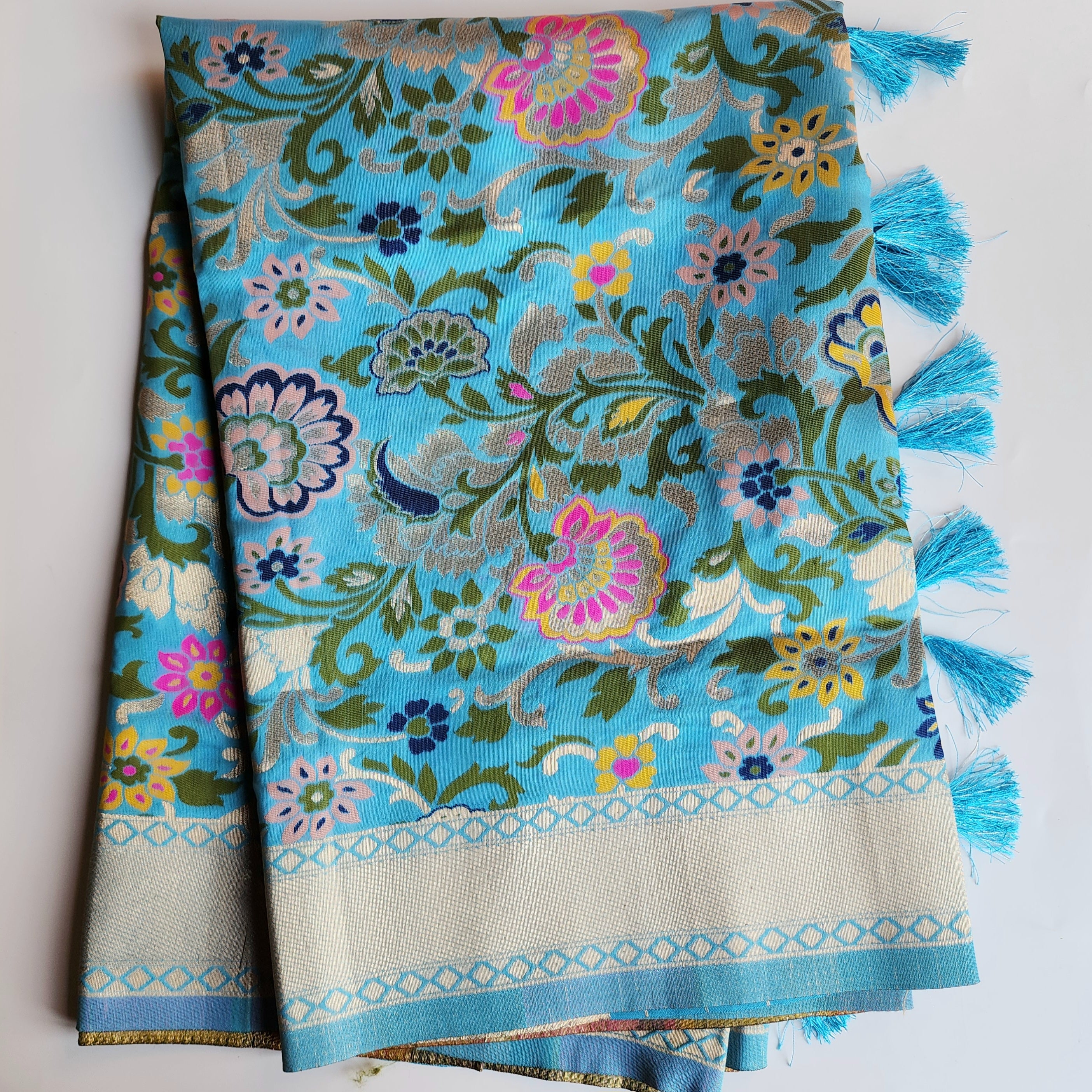 Banarasi Silk Sky Blue Dupatta with Multicolor & Gold Floral Handweaving