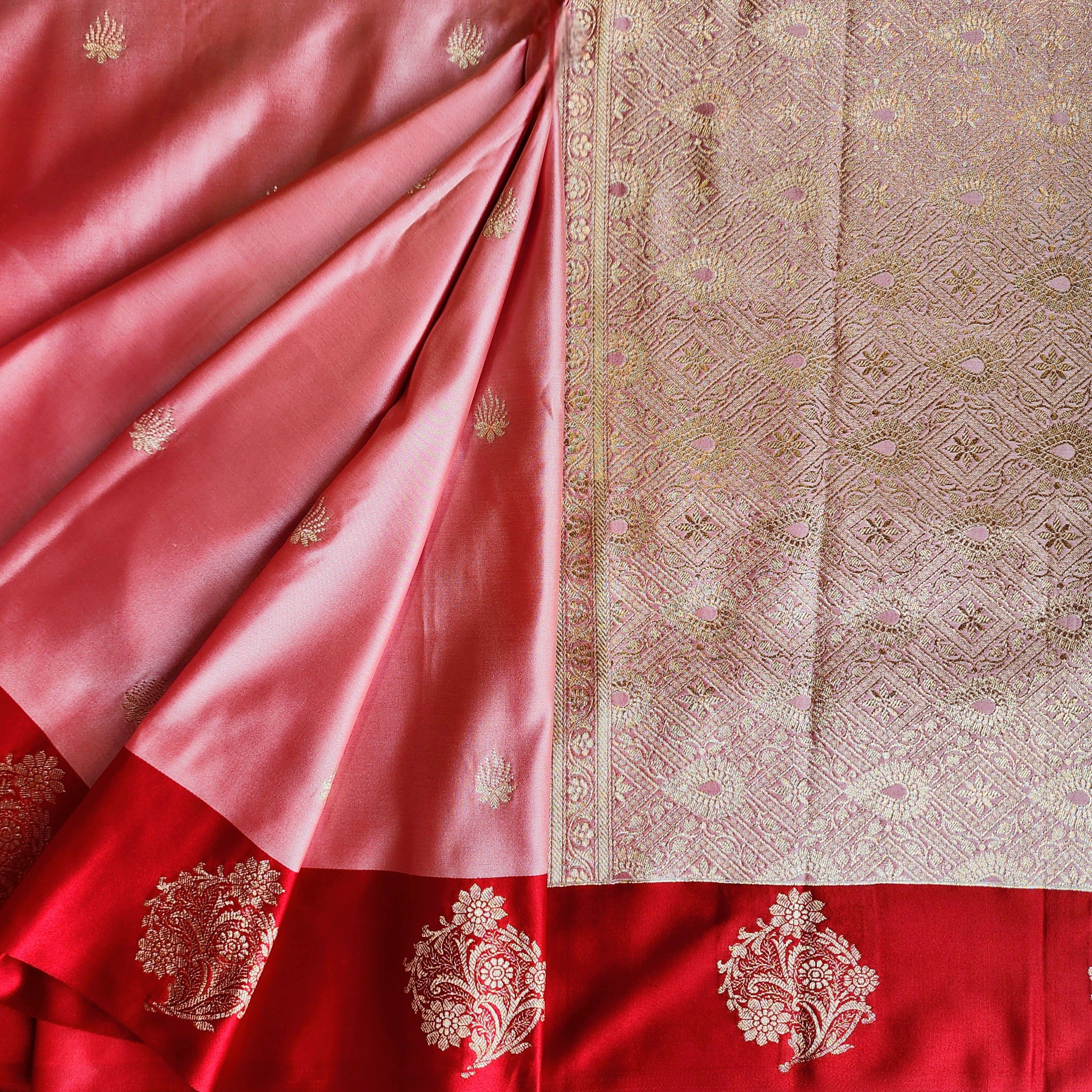 Blush Pink Katan Silk Saree with Red Gold Zari Border