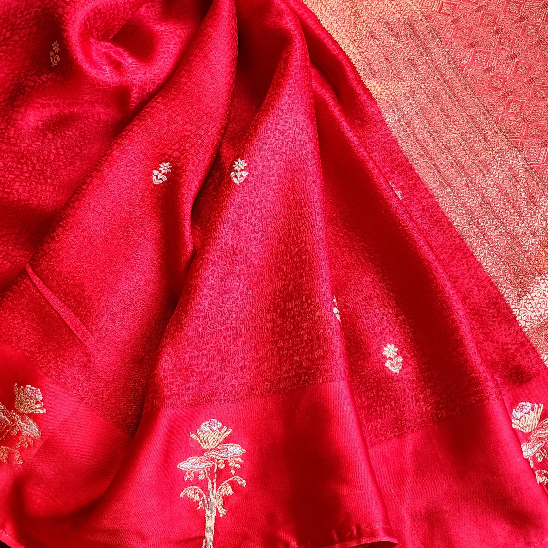 Crimson Red Mashru Tanchoi Saree with Gold Zari
