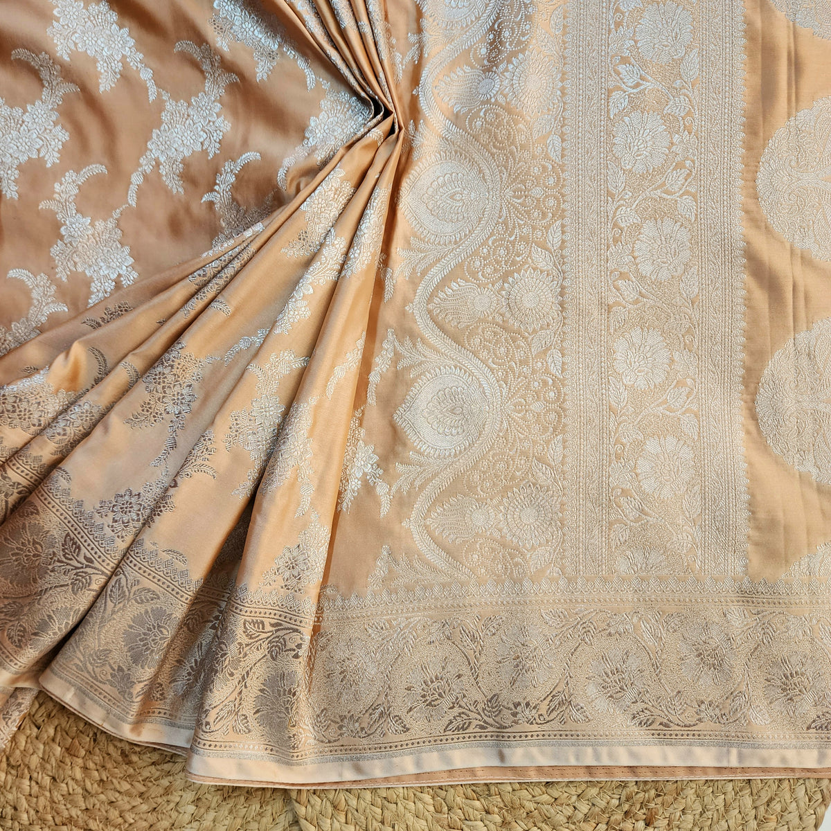 Peach Beige Banarasi Katan Silk Saree with Floral Vine Jaal