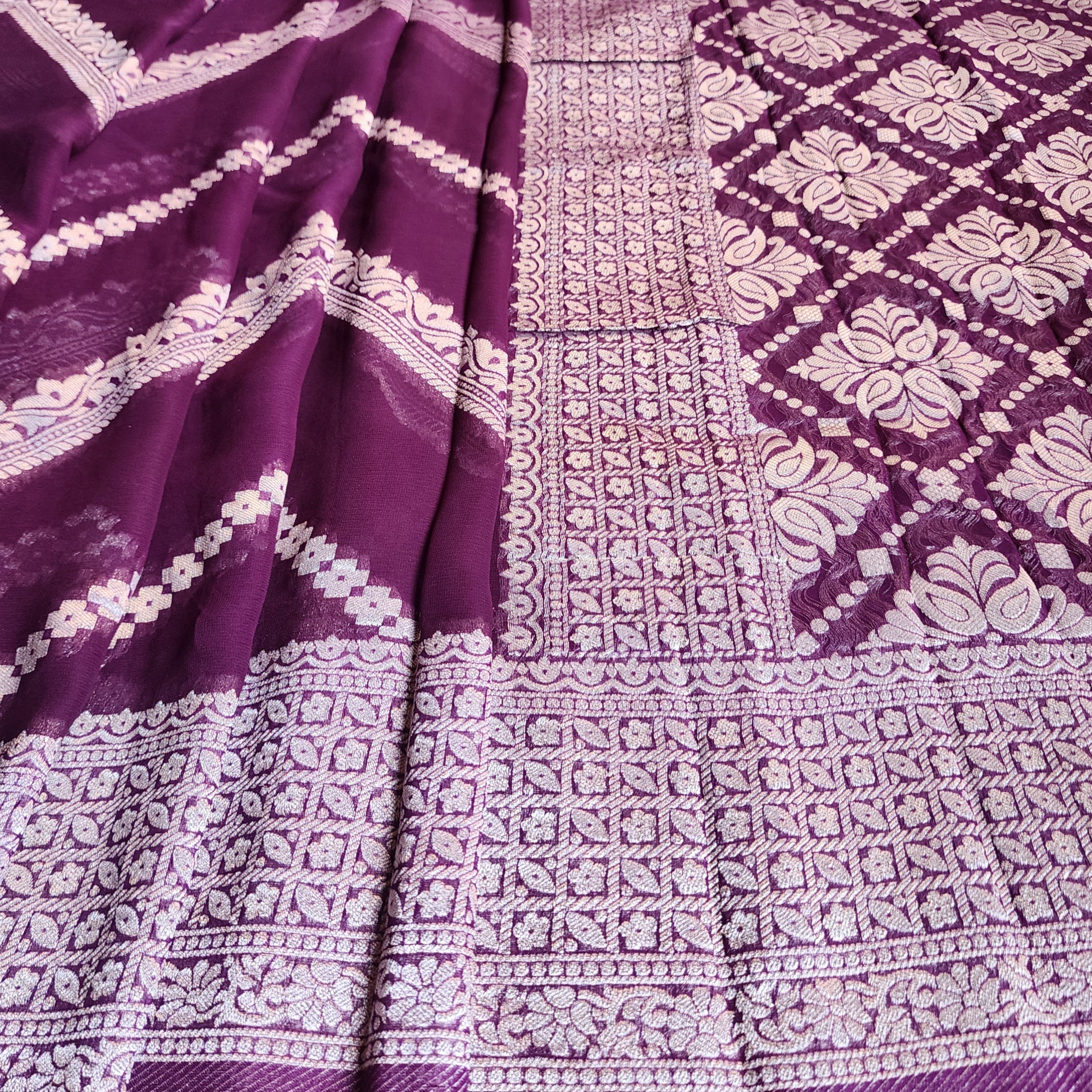 Dark Purple Khaddi Georgette Pure Banarasi Saree with Silver Zari