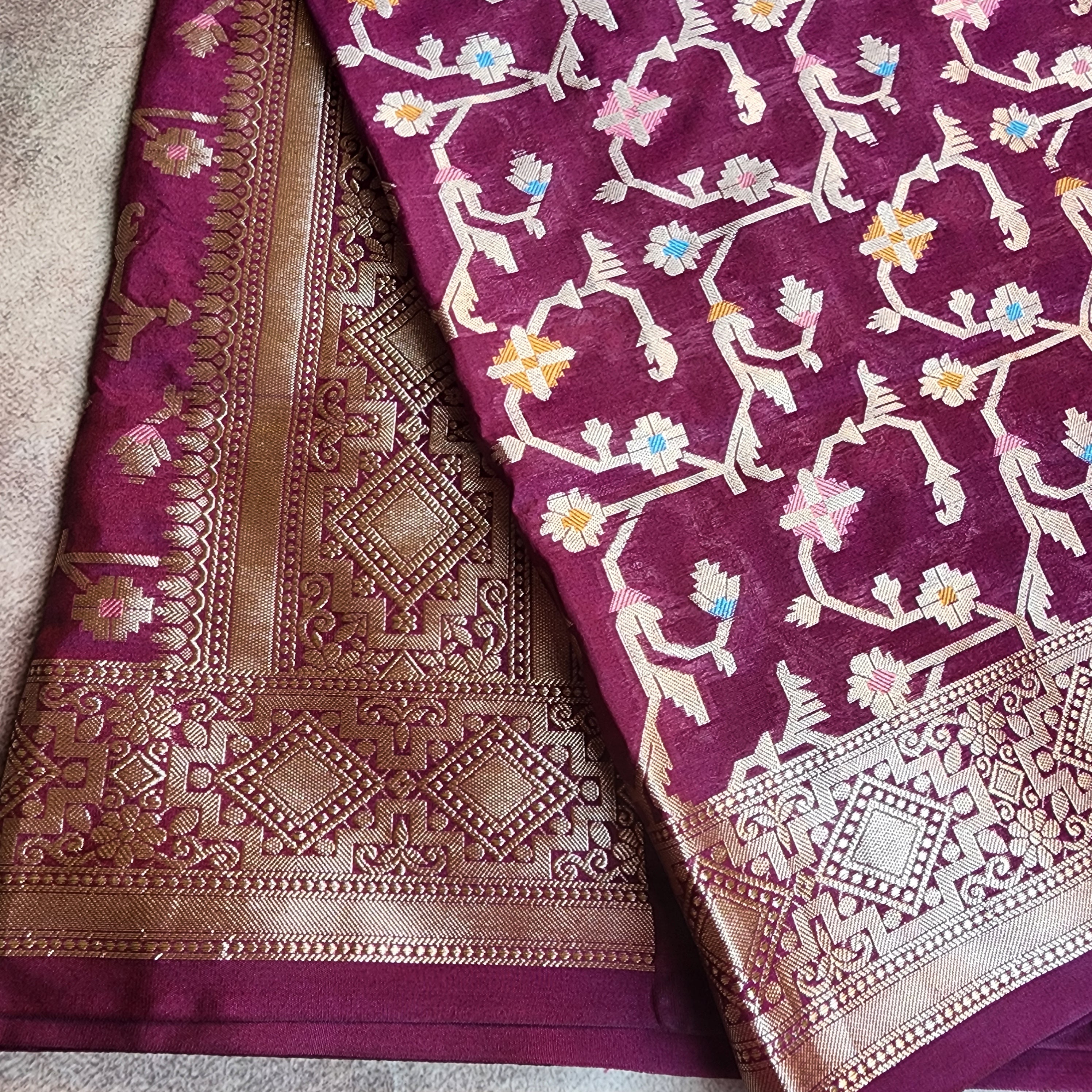 Golden Grid Banarasi Silk Dupatta with Meenakari Work in Deep Purple