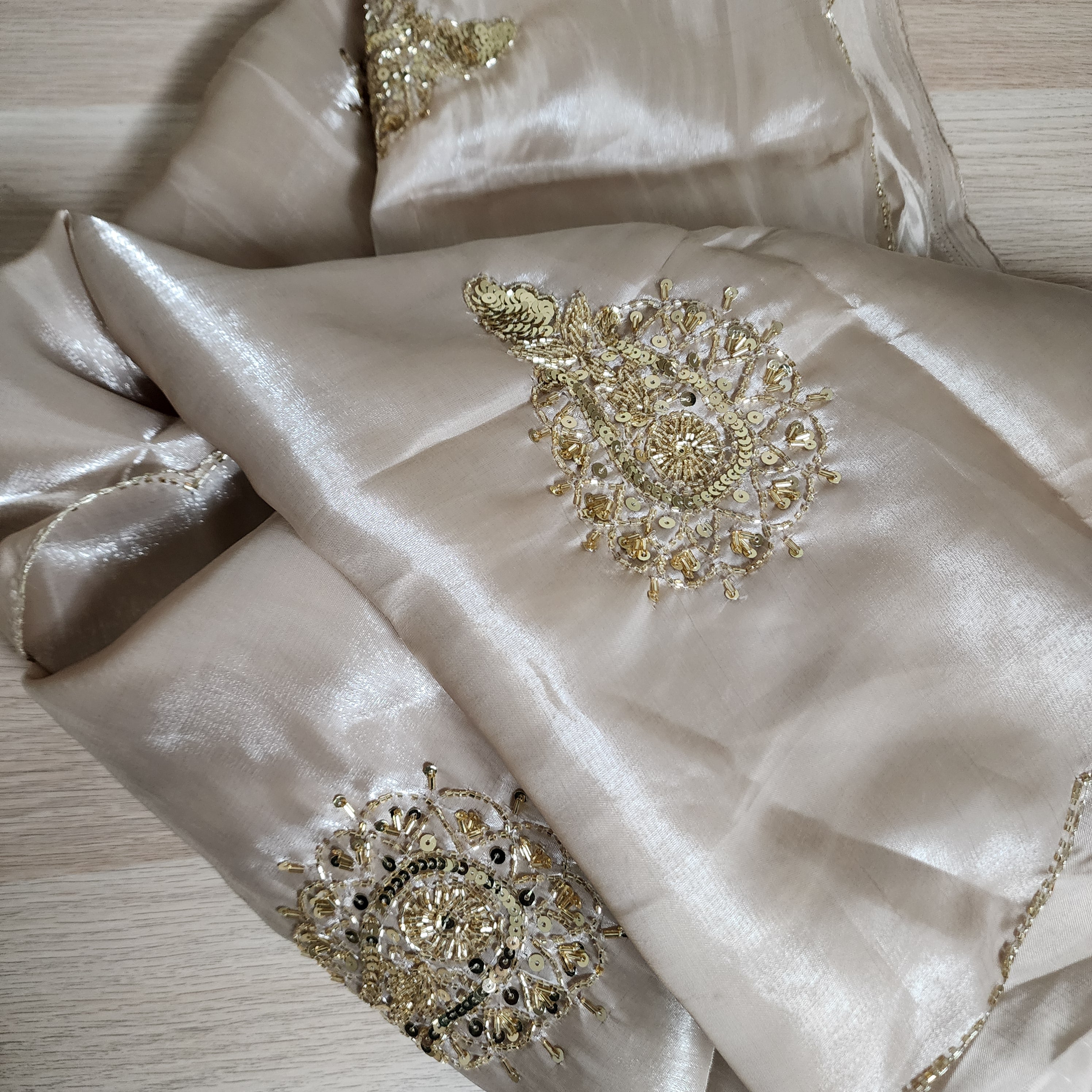 Glossy Metallic Tissue Silk Saree with Hand Embroidery