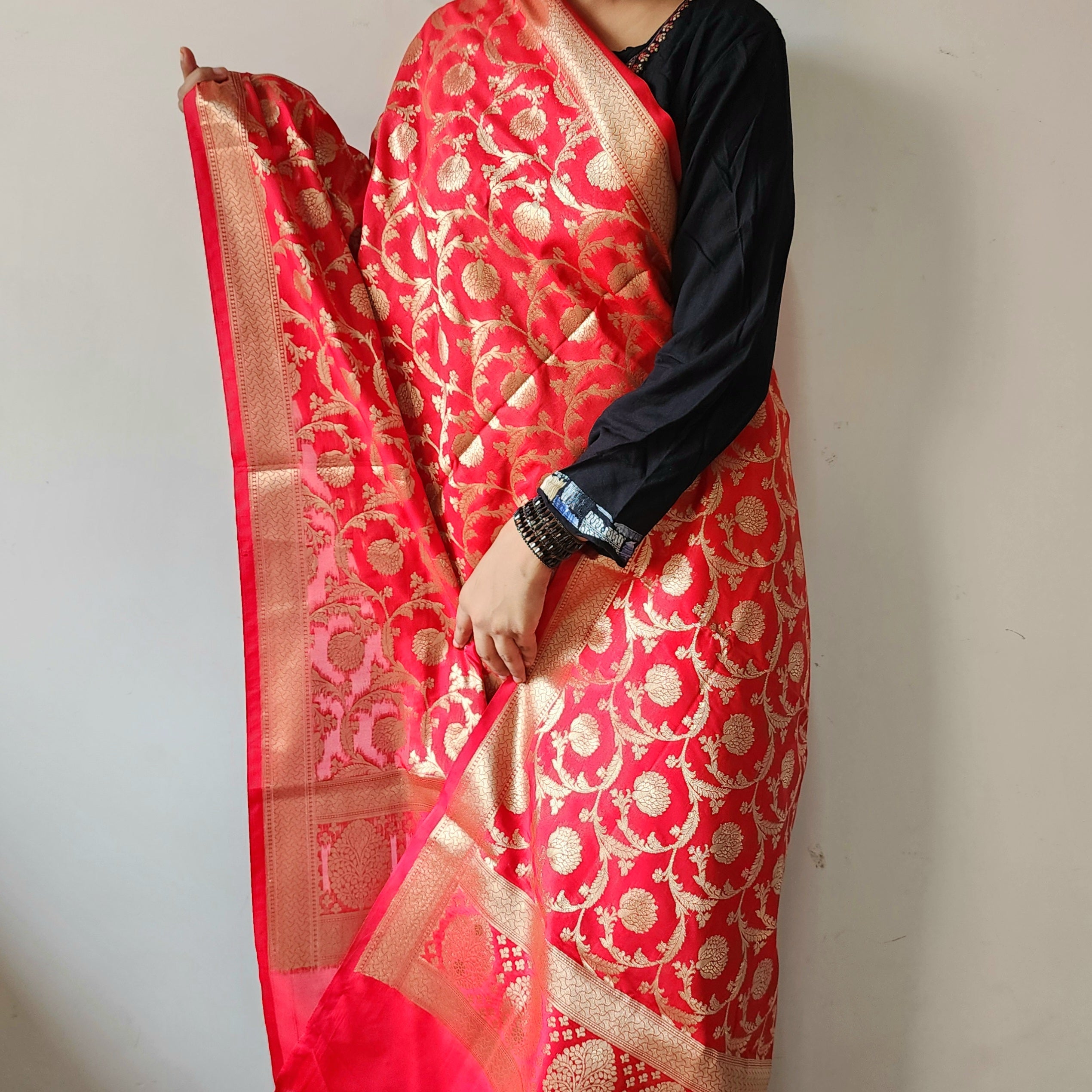 Red Banarasi Dupatta - Zari Blossom Motifs