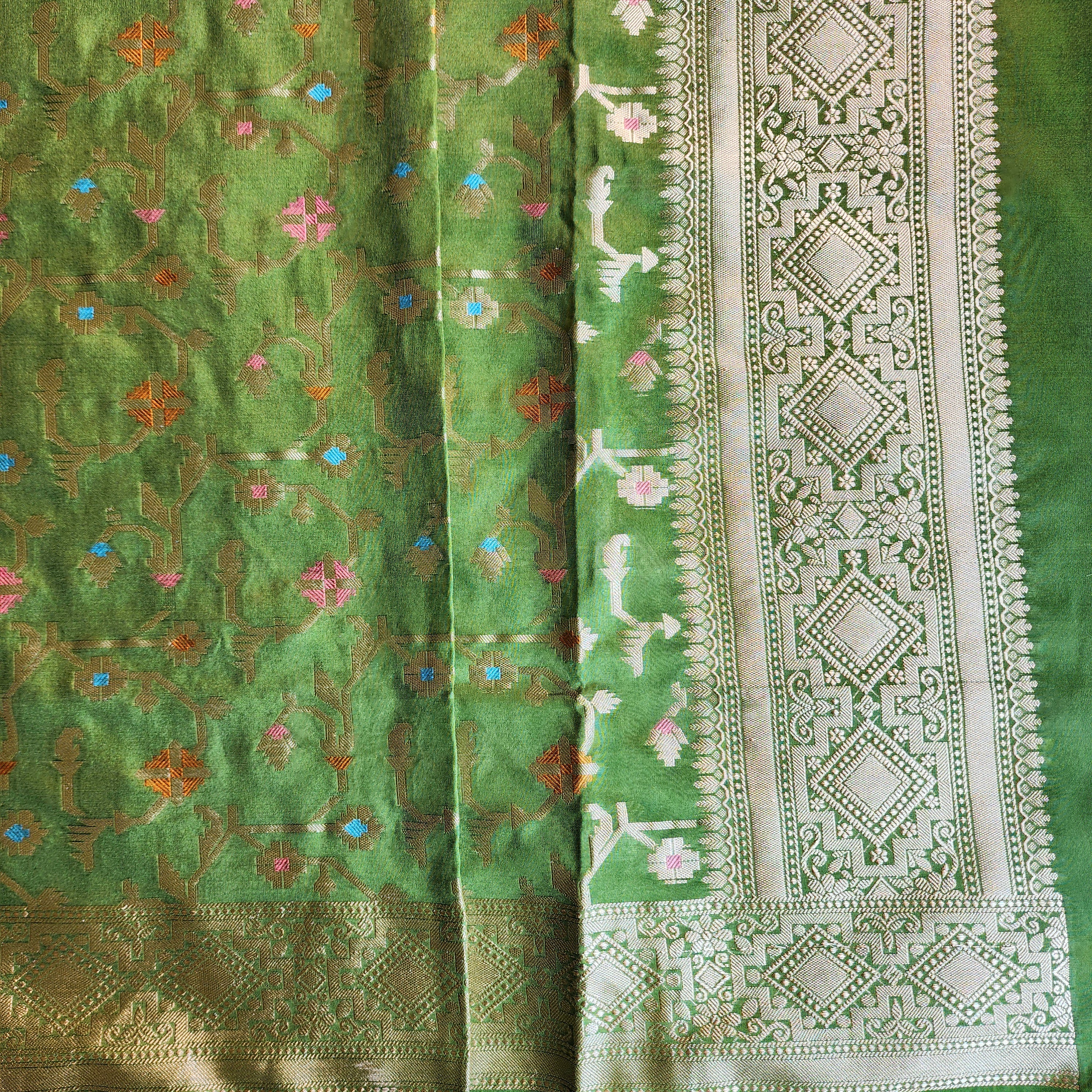 Golden Grid Banarasi Silk Dupatta with Meenakari Work in Mehendi Green