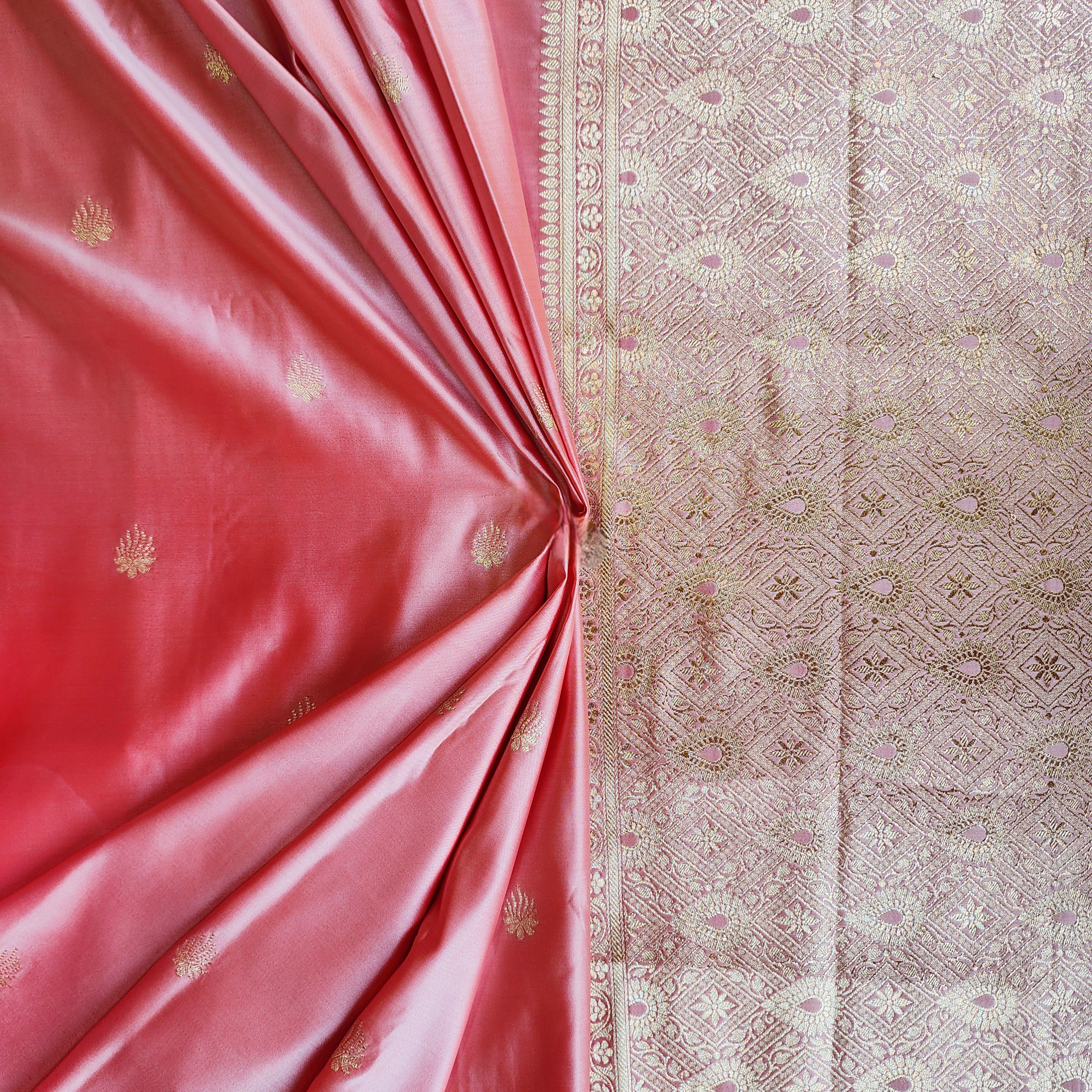 Blush Pink Katan Silk Saree with Red Gold Zari Border