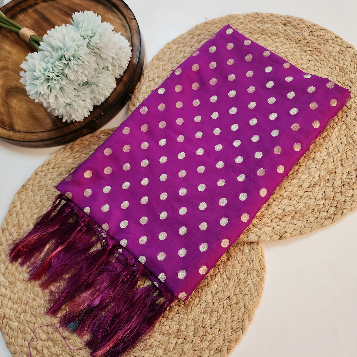 Magenta Purple Banarasi Silk Dupatta with Gold Polka Dot