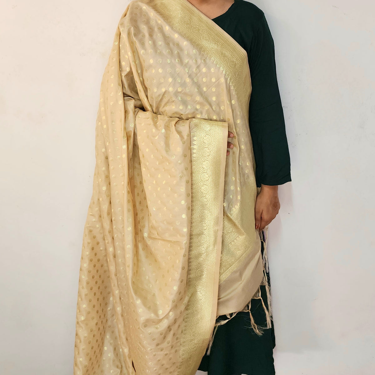 Champagne Beige Banarasi Silk Dupatta with Gold Polka Dot