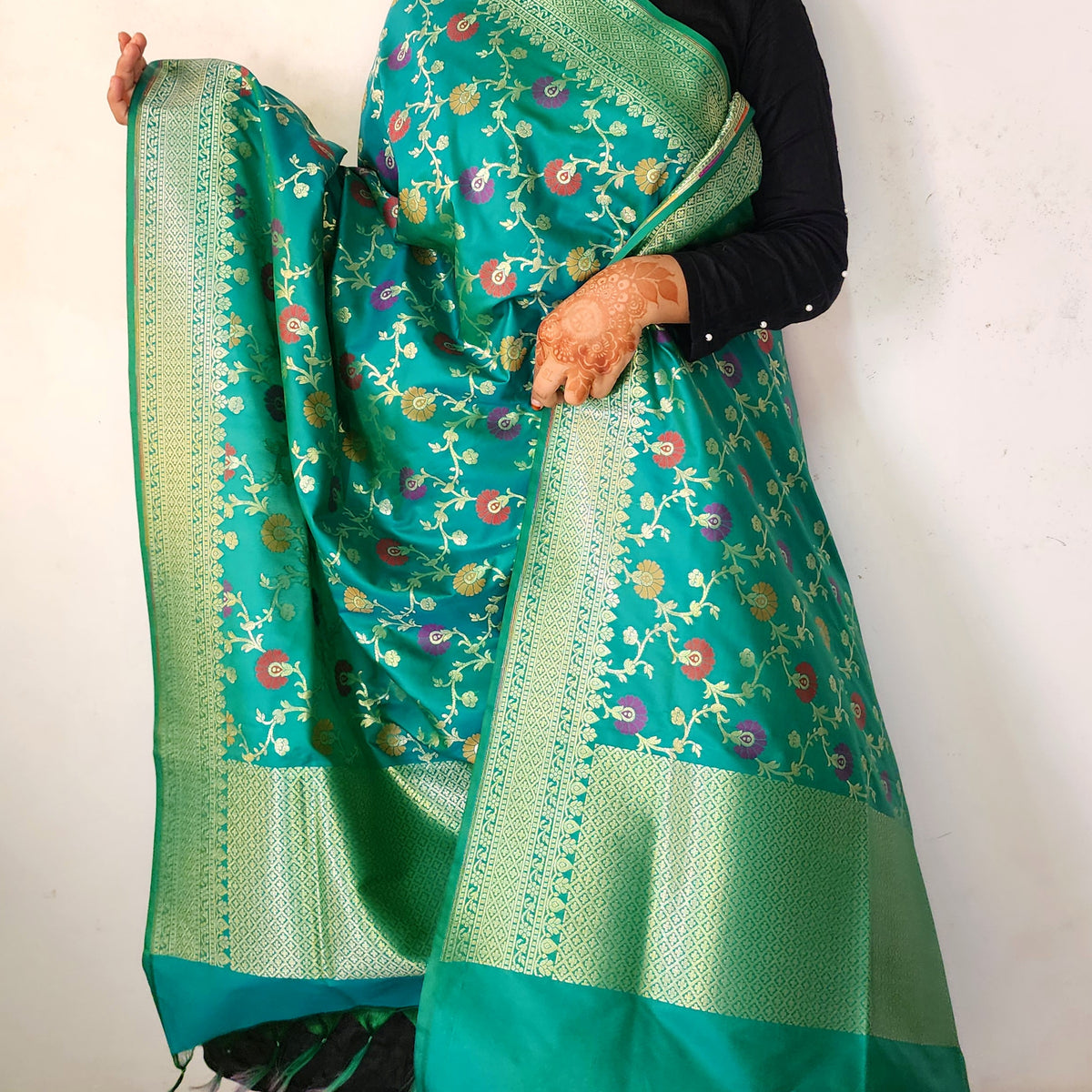 Banarasi Silk Floral Jaal Dupatta - Deep Teal