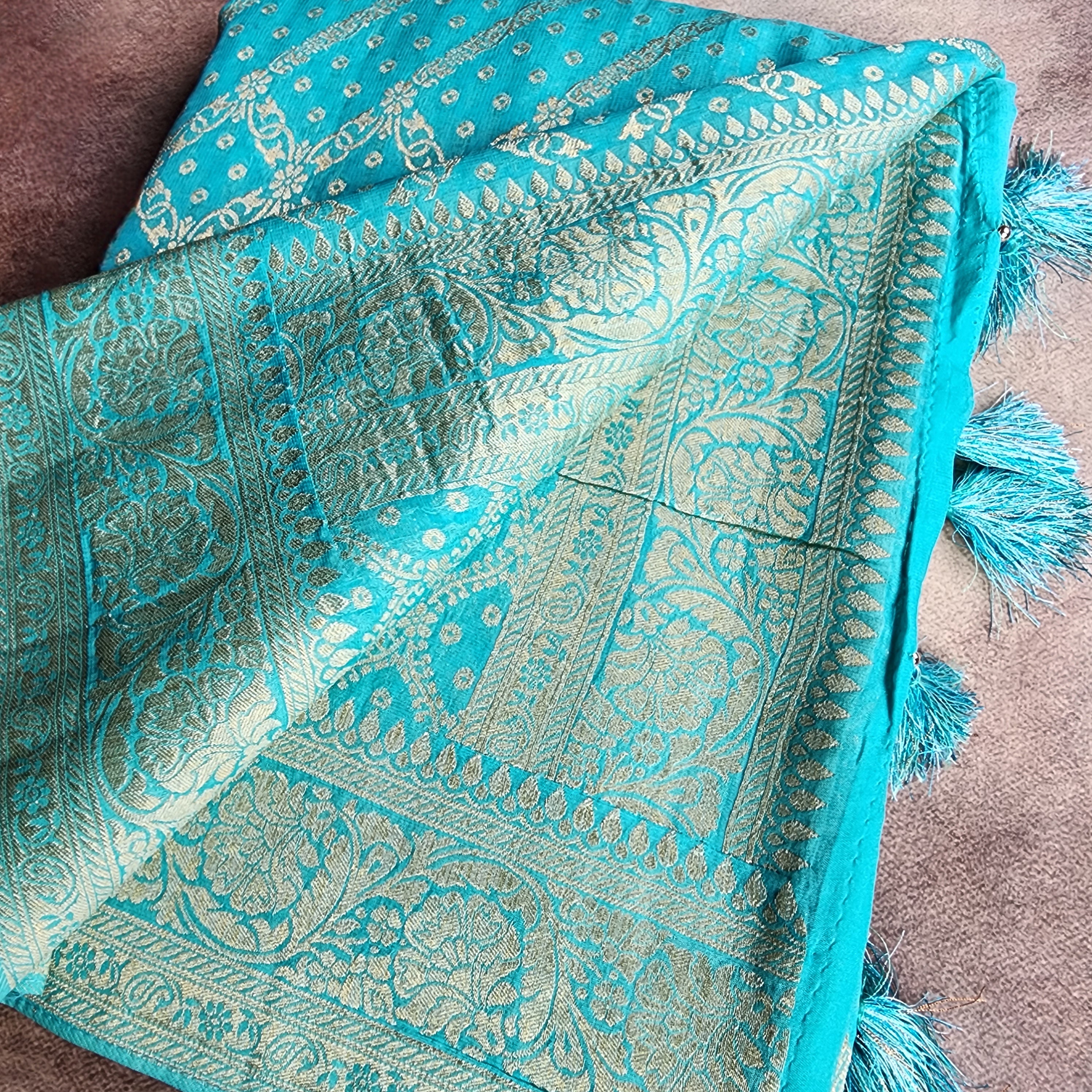 Turquoise Pure Khaddi Georgette Banarasi Saree with Golden Zari