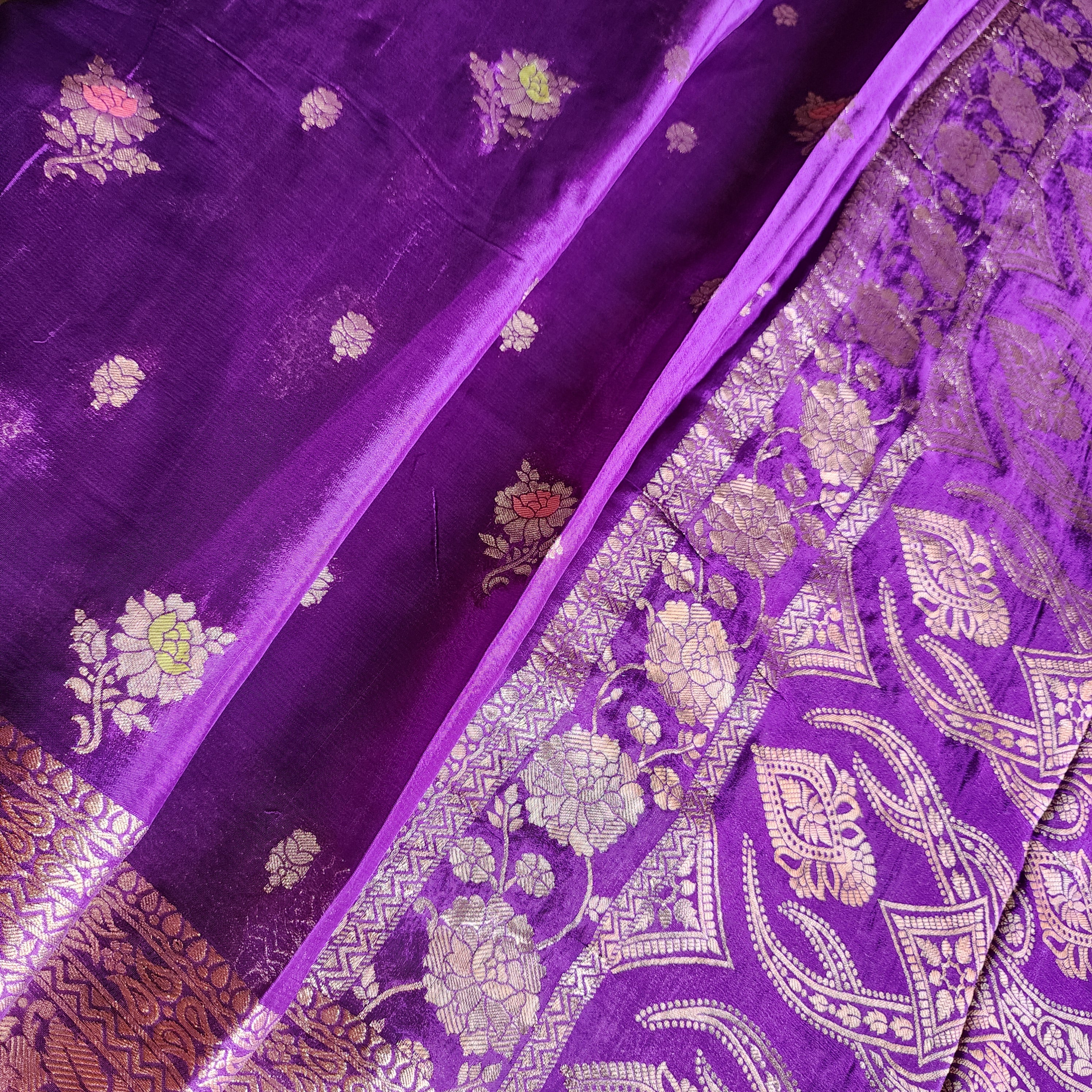 Royal Violet Pure Crepe Silk Saree with Gold Zari Border