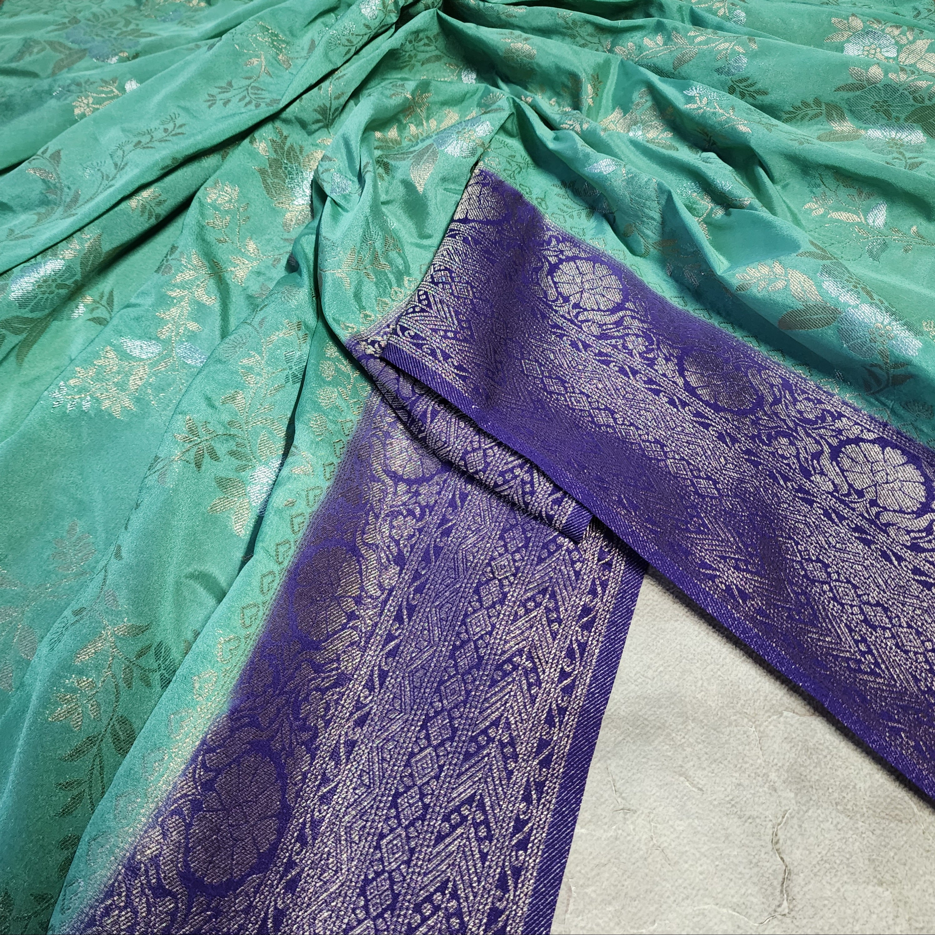Mint Green Crepe Chiffon Saree with Violet Border
