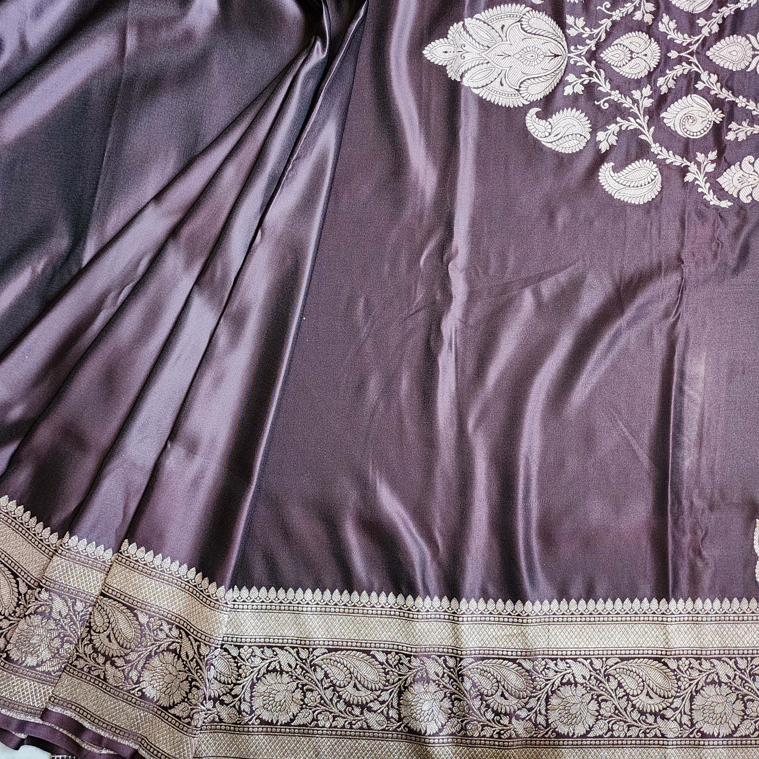 Mulberry Wine Pure Banarasi Katan Silk Saree with light Gold Zari Weaving