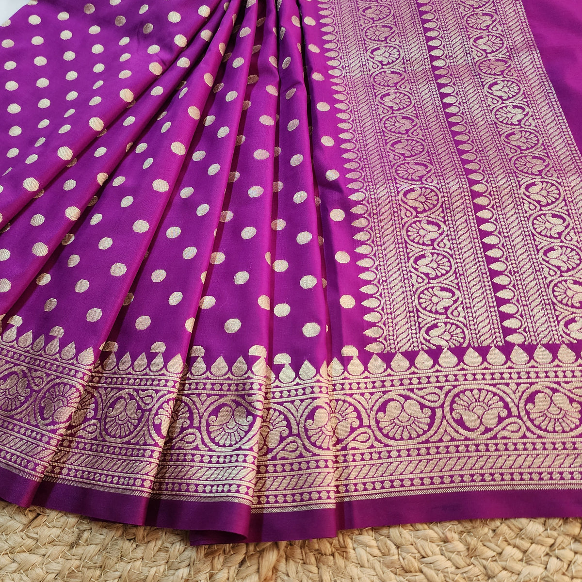 Magenta Purple Banarasi Silk Dupatta with Gold Polka Dot