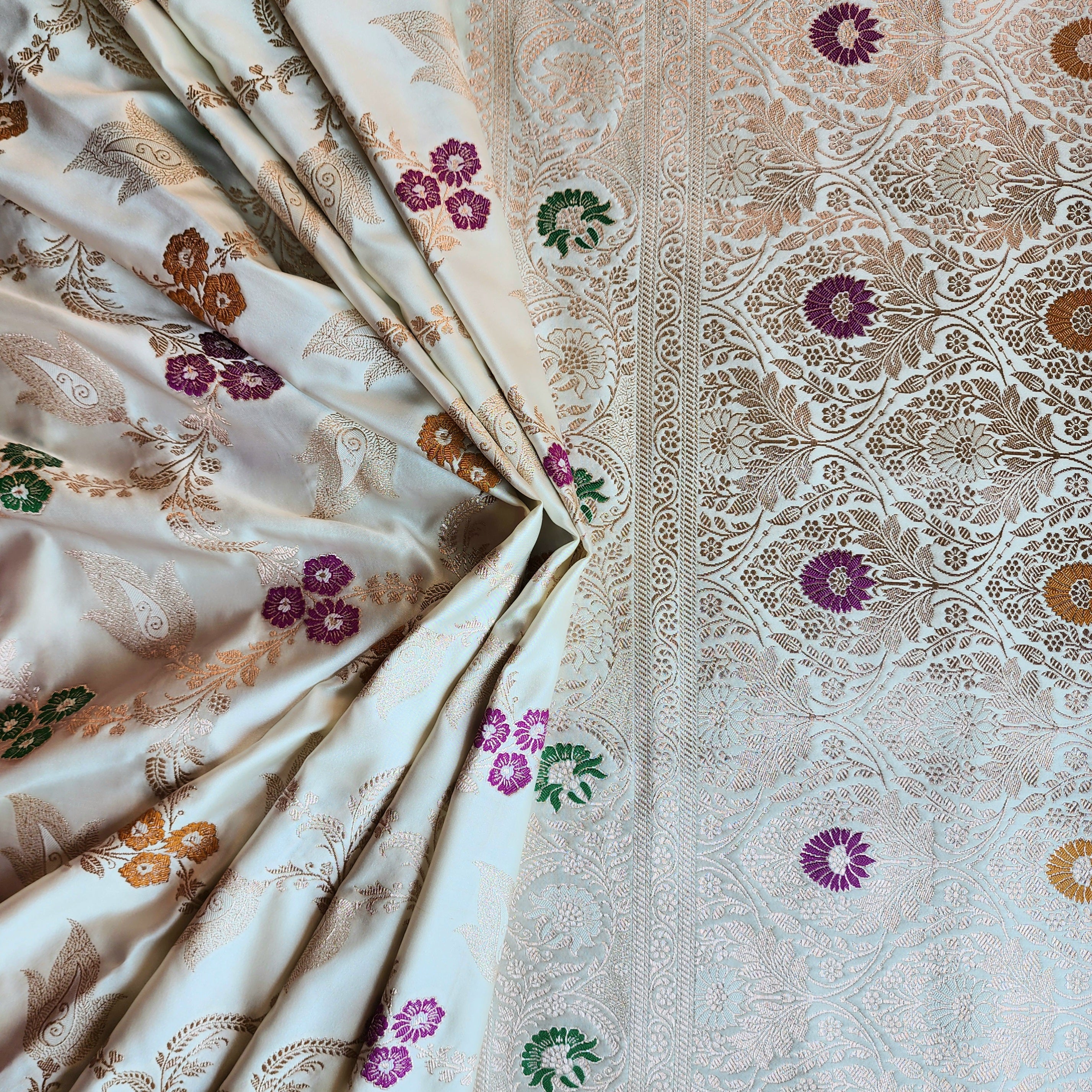 Enriched White Banarasi Katan Silk Saree with Multicolor Meenakari Floral Jaal