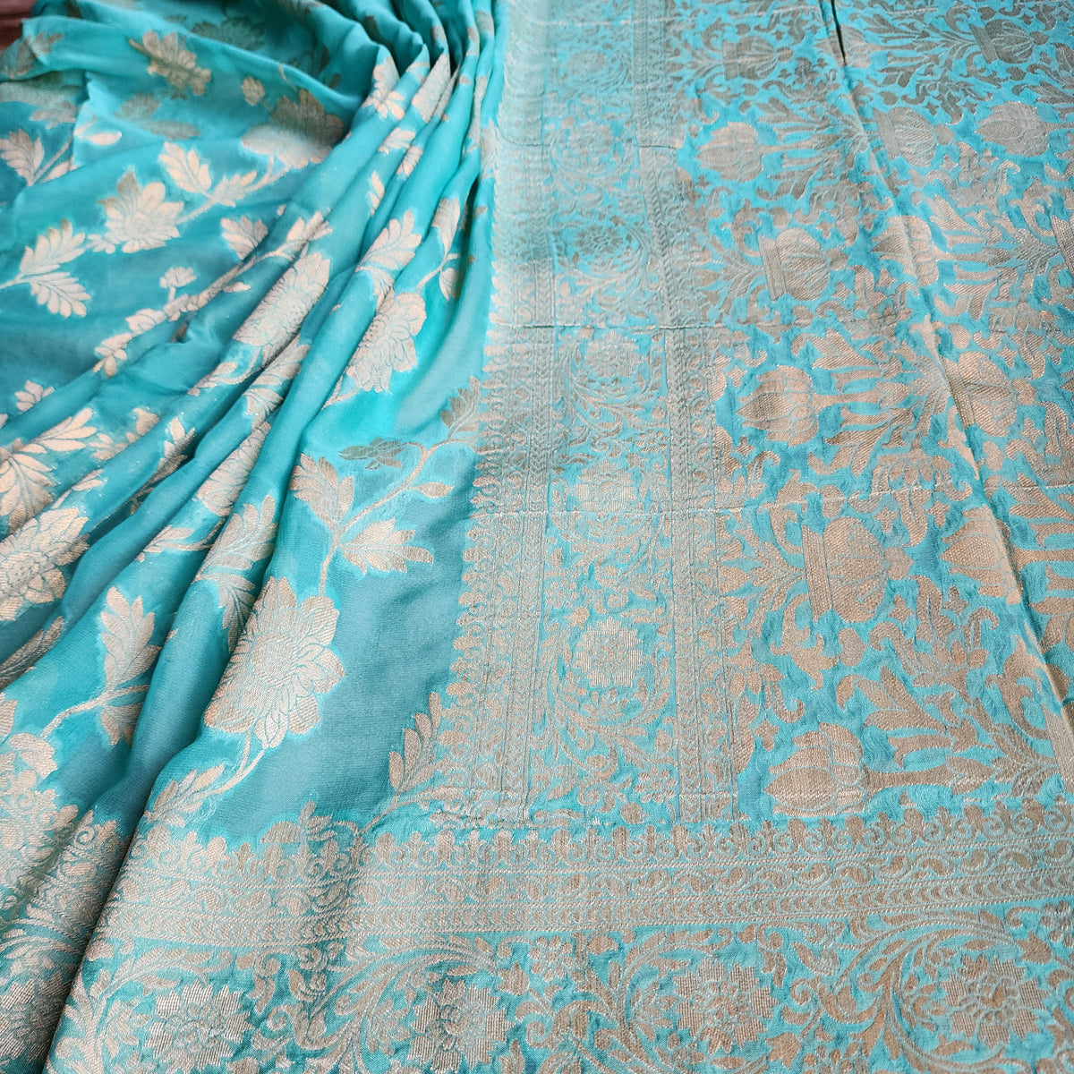 Khaddi Georgette Pure Banarasi Saree in Turquoise