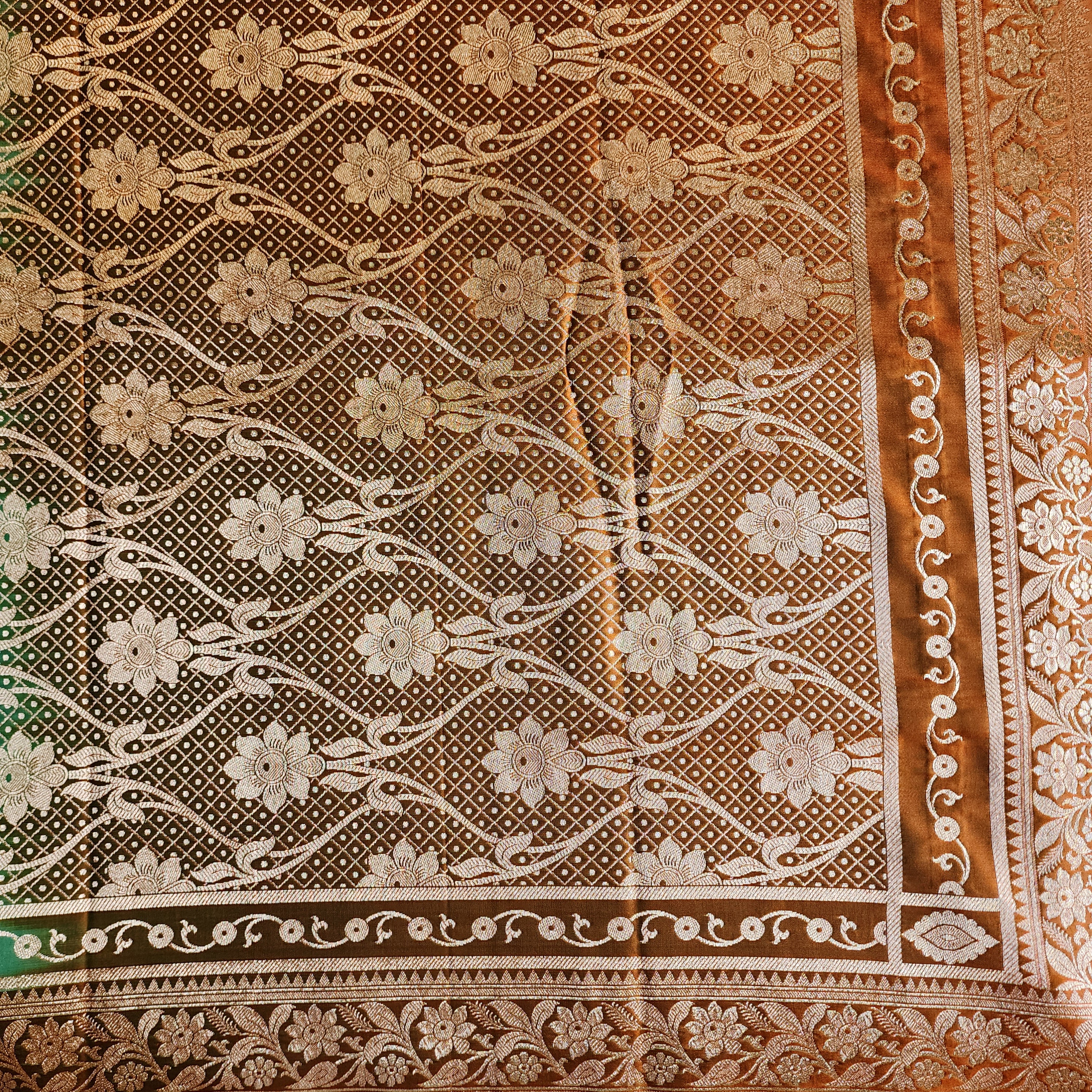 Aqua Katan Silk Saree with Rust and Gold Zari Border