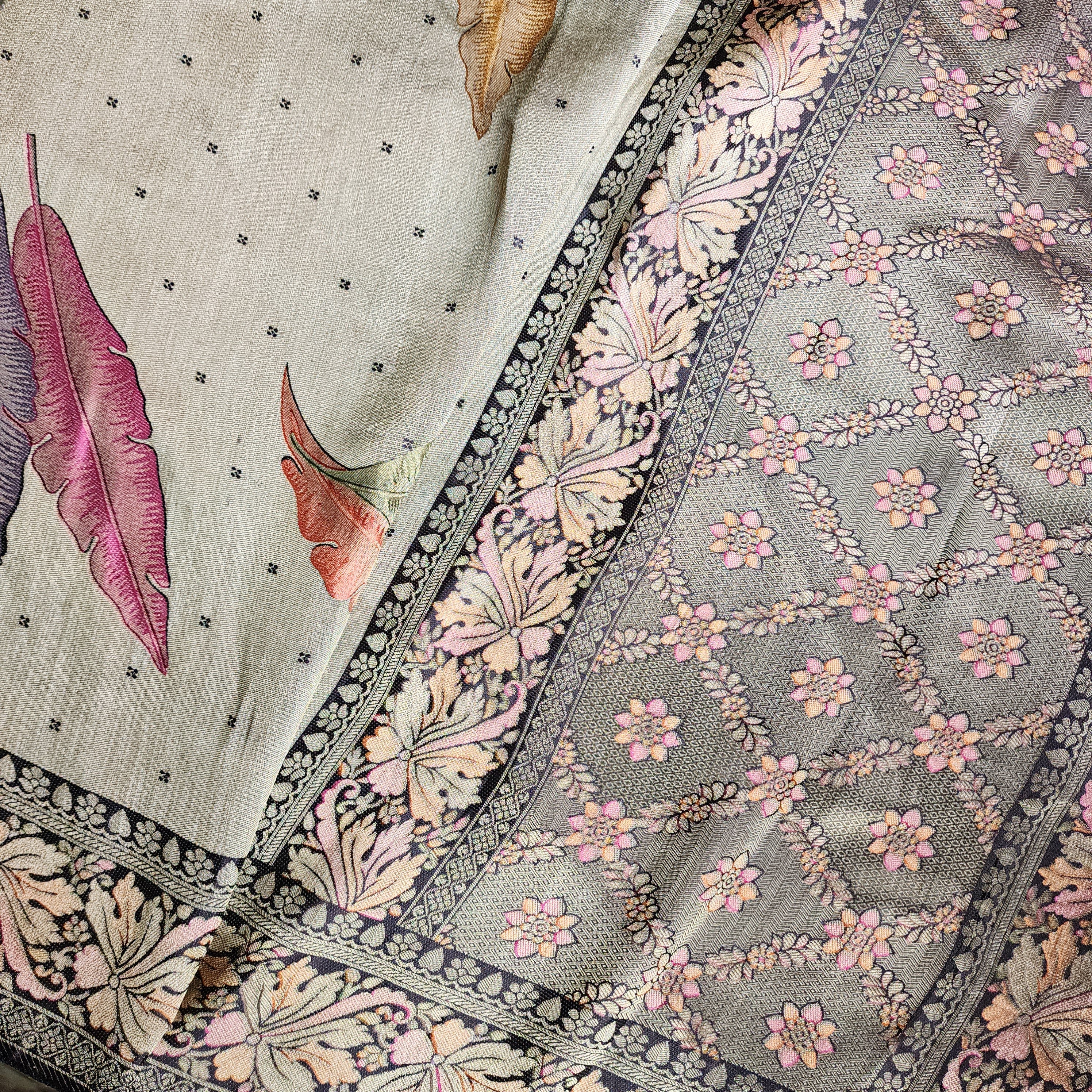 Dove Grey Tissue Silk Saree with Artistic Leaf Motifs