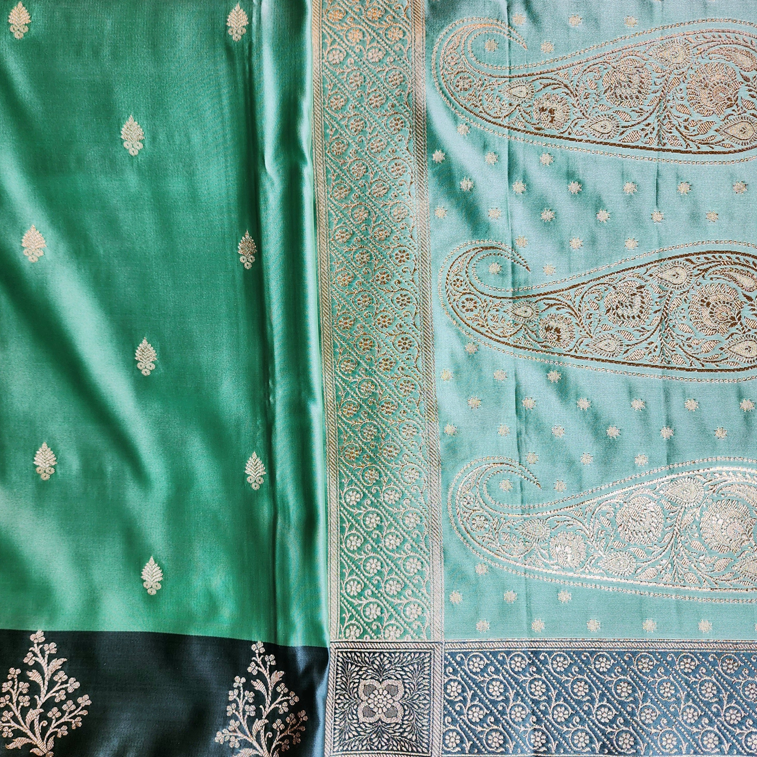 Sea Green Katan Silk Saree with Peacock Green Gold Zari Border