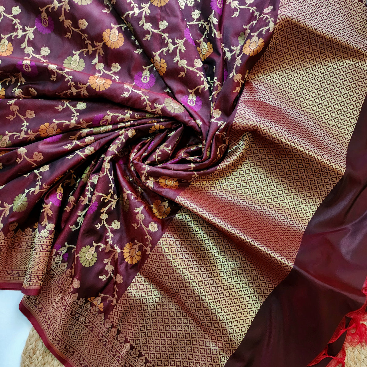 Banarasi Silk Floral Jaal Dupatta - Deep Burgundy