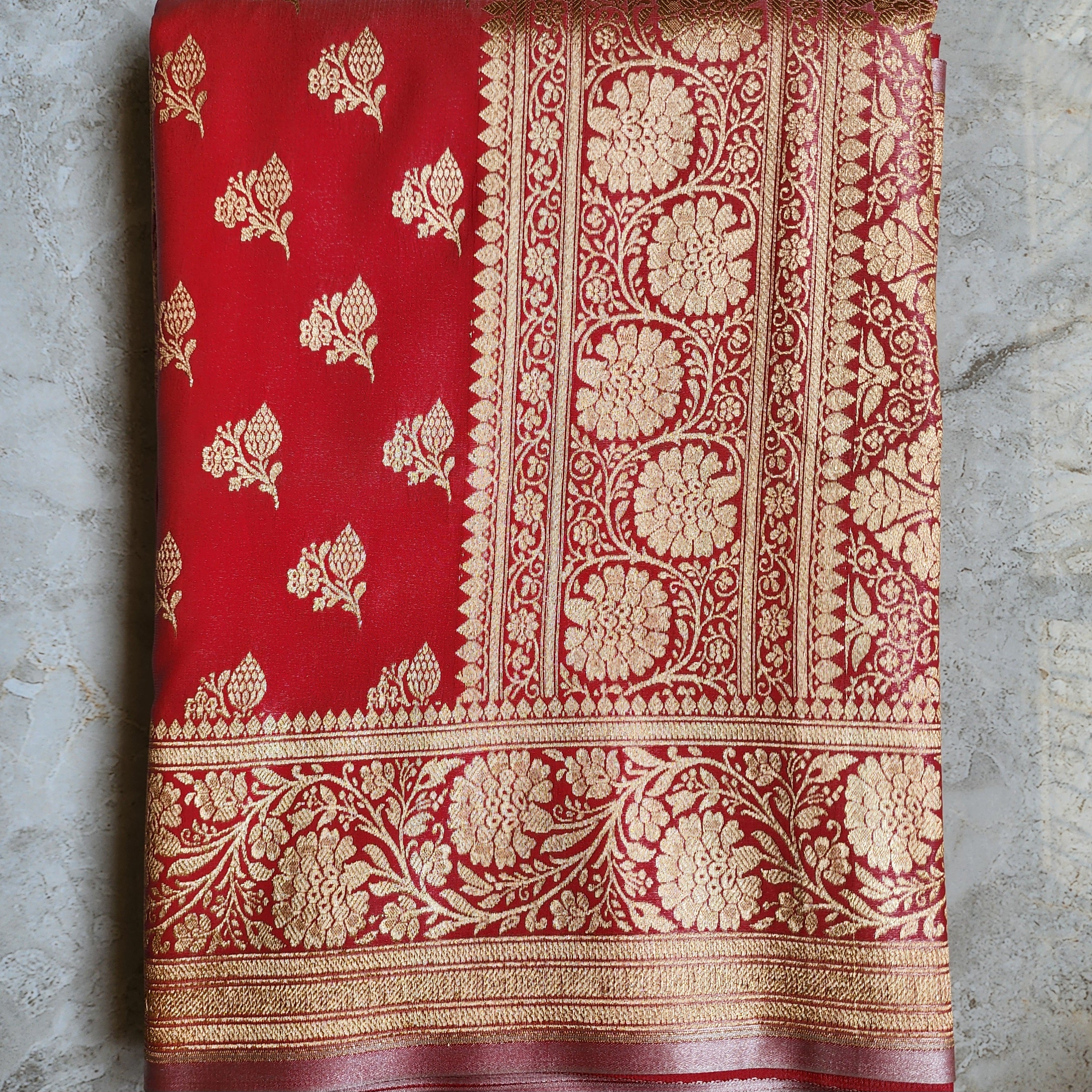 Rich Red Banarasi Silk Saree with Gold Zari Weaving