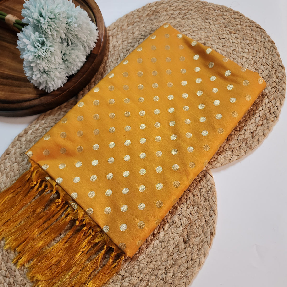 Mustard Yellow Banarasi Silk Dupatta with Gold Polka Dot
