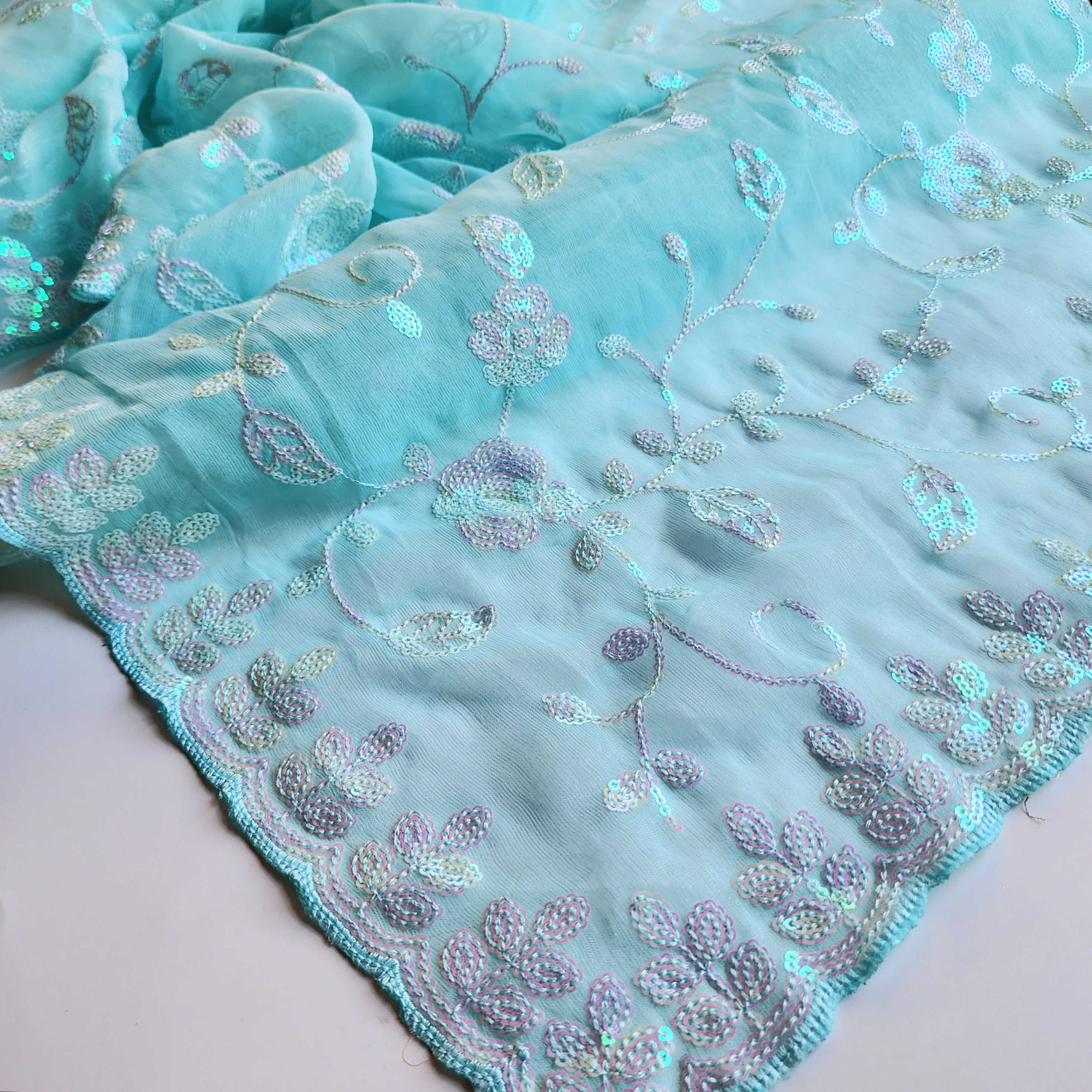 Georgette Designer Sequinned Saree - Mint Aqua