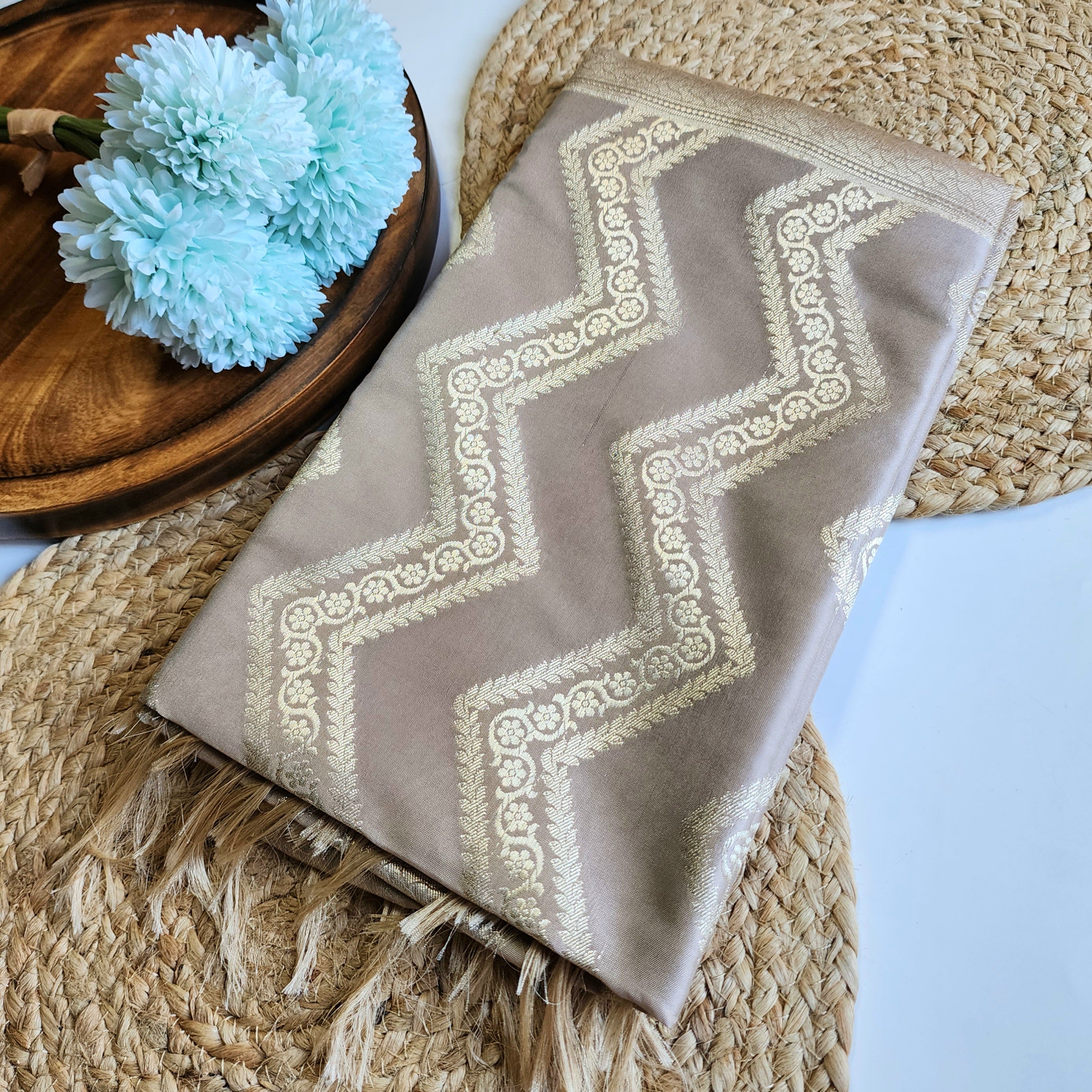 Light Mushroom Banarasi Dupatta with Golden Zigzag Pattern