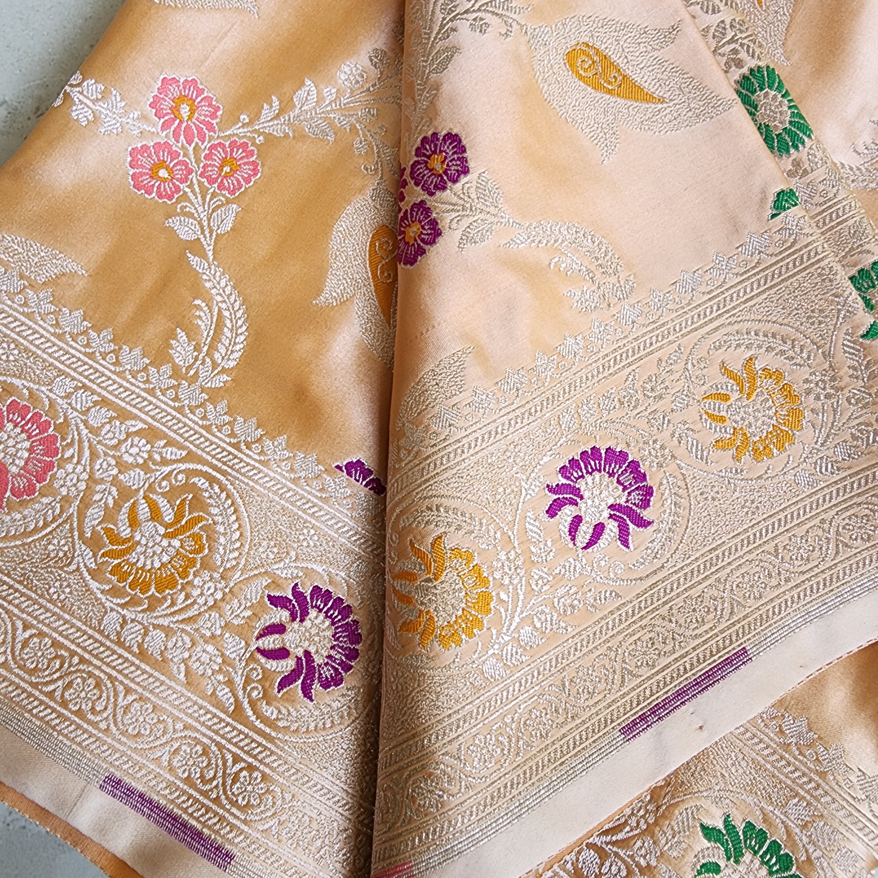 Enriched Dark Orange Banarasi Katan Silk Saree with Multicolor Meenakari Floral Jaal